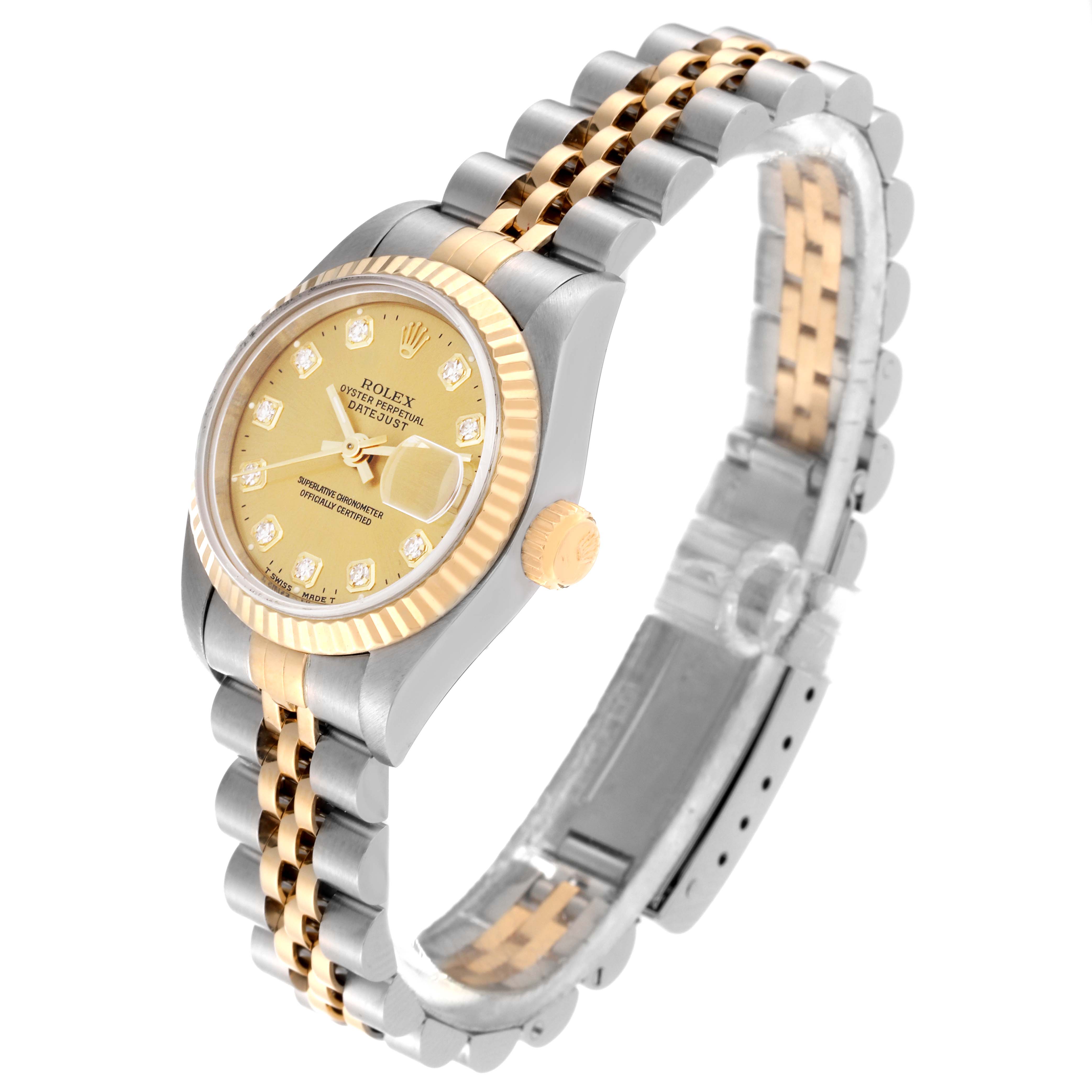 The Rolex Datejust 69173 Women's Steel and Gold (two tone) Champagne Dial 69173 Women's Steel and Gold (two tone) Champagne Dial watch is shown at a quarter-angle, highlighting the face, bezel, crown, and two-tone bracelet.