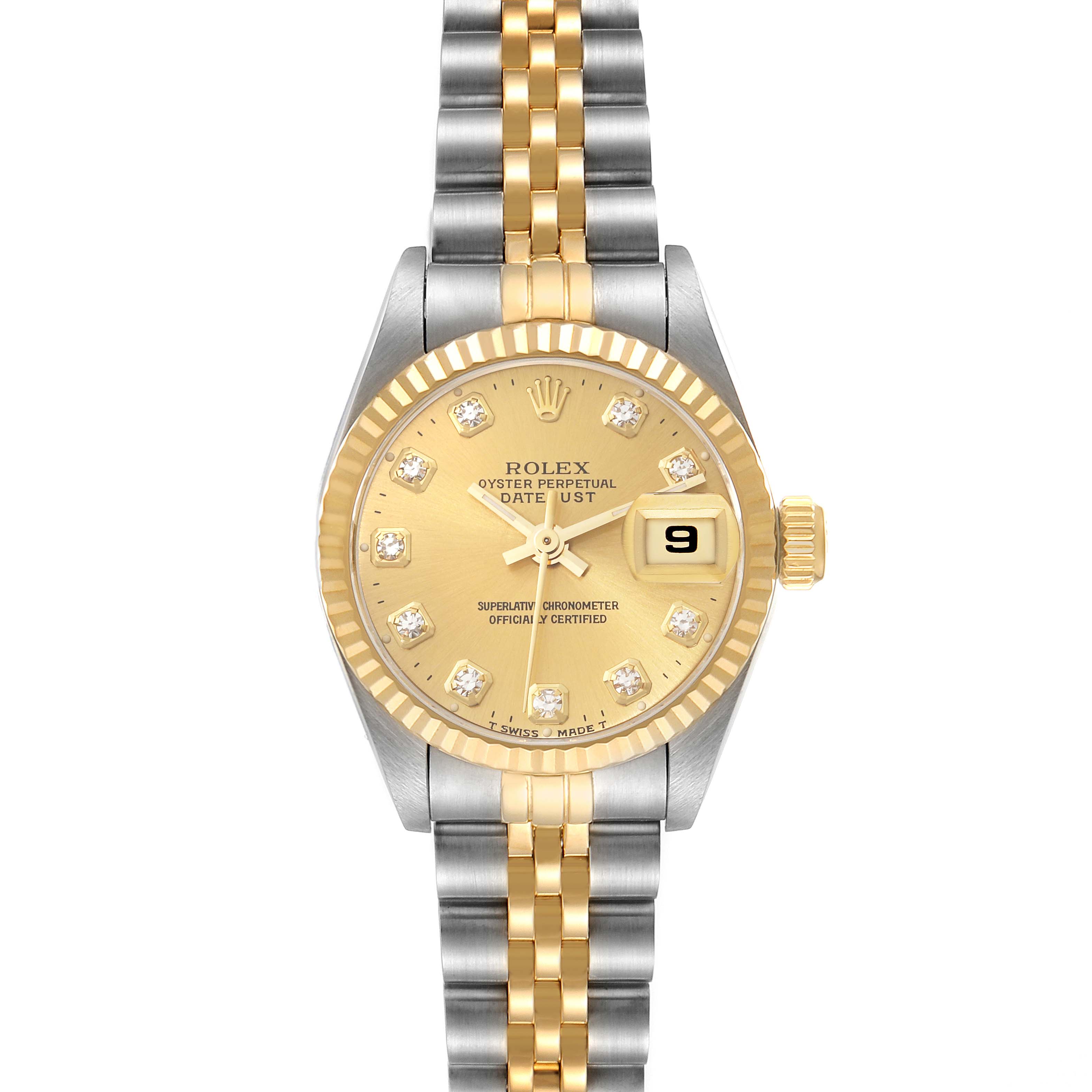 The image shows a frontal view of the Rolex Datejust 69173 Women's Steel and Gold (two tone) Champagne Dial 69173 Women's Steel and Gold (two tone) Champagne Dial watch, featuring its dial, bezel, crown, and part of the bracelet.