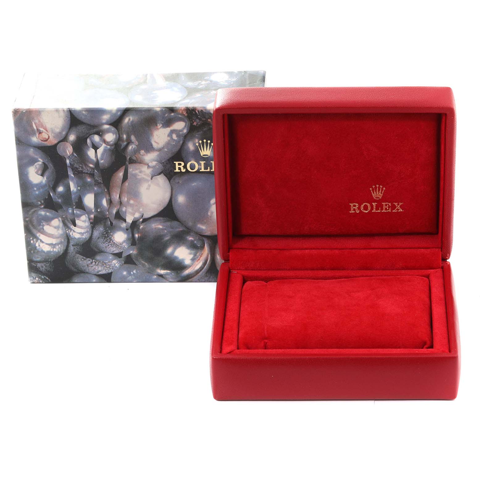 This image shows a red Rolex Datejust 69173 Women's Steel and Gold (two tone) Champagne Dial 69173 Women's Steel and Gold (two tone) Champagne Dial watch box with the lid open, revealing the interior cushion, next to a decorative outer box.