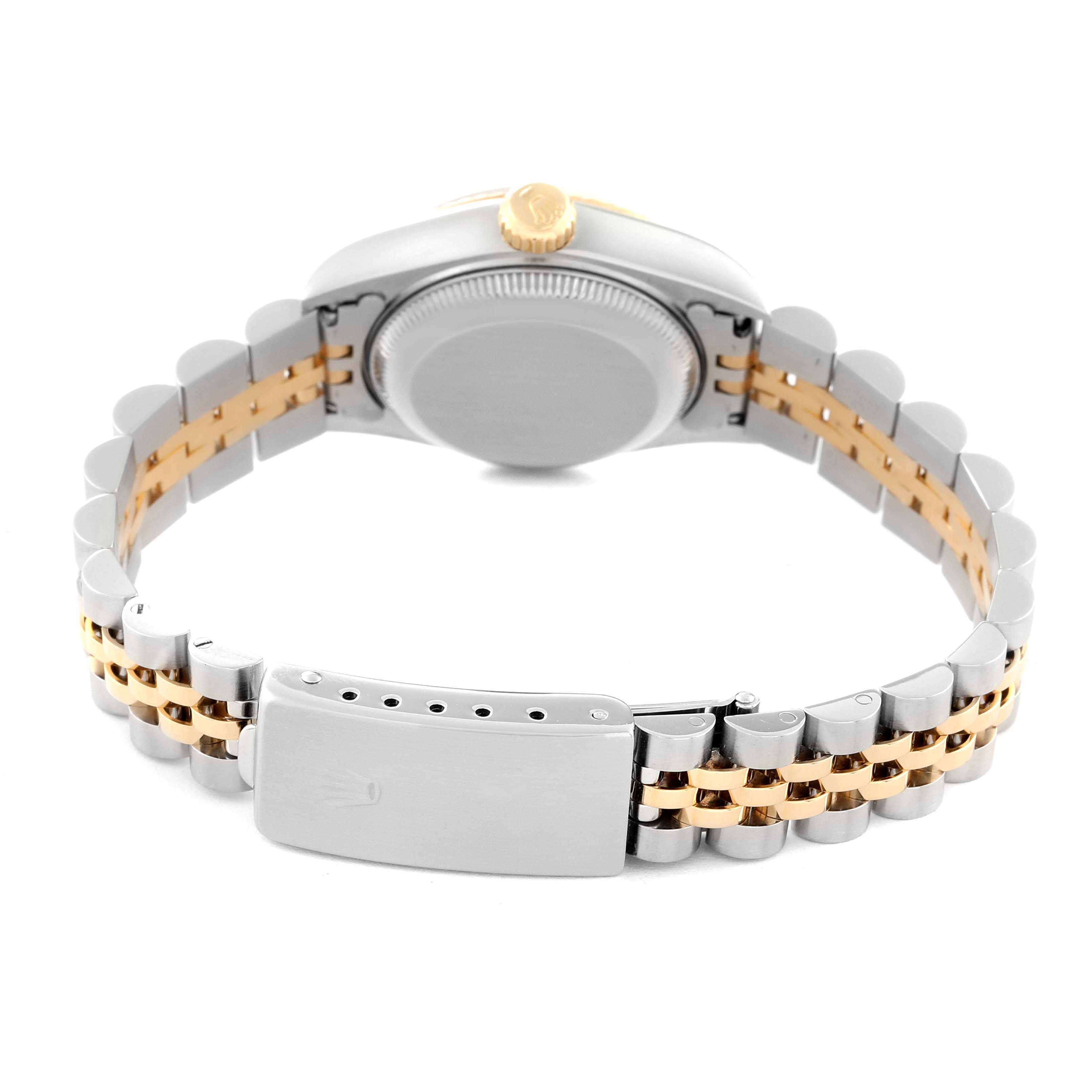 This image shows the back view of a Rolex Datejust 69173 Women's Steel and Gold (two tone) Champagne Dial 69173 Women's Steel and Gold (two tone) Champagne Dial watch, highlighting its stainless steel and gold bracelet and clasp.