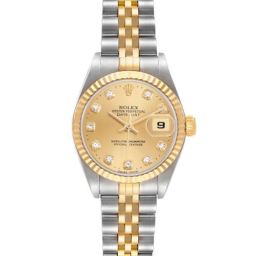 The Rolex Datejust 79173 Women's Steel and Gold (two tone) Champagne Dial watch is shown from a front angle, highlighting its face, bezel, bracelet, and crown.