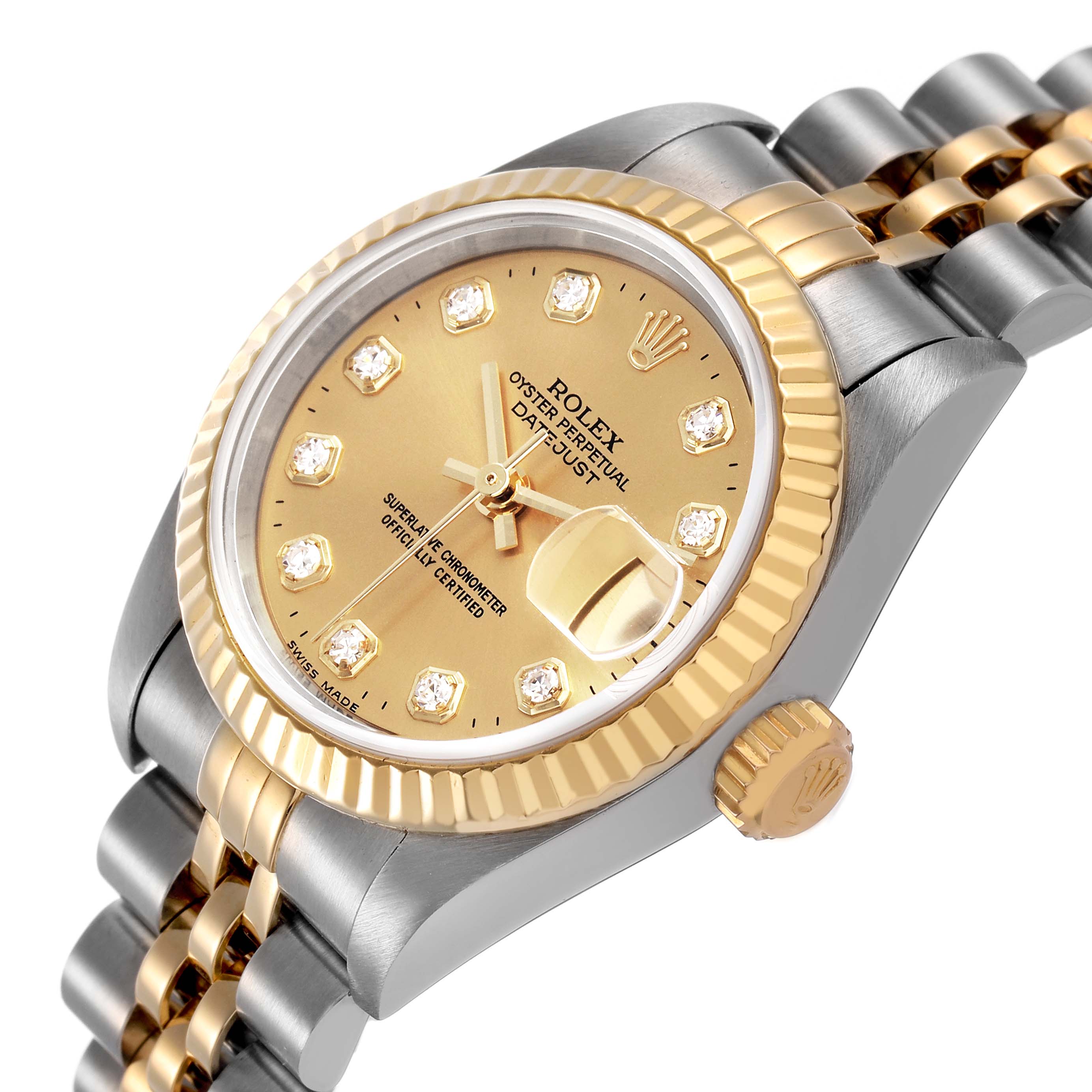 The Rolex Datejust 79173 Women's Steel and Gold (two tone) Champagne Dial watch is shown from a side angle, highlighting the gold dial, fluted bezel, and two-tone bracelet.