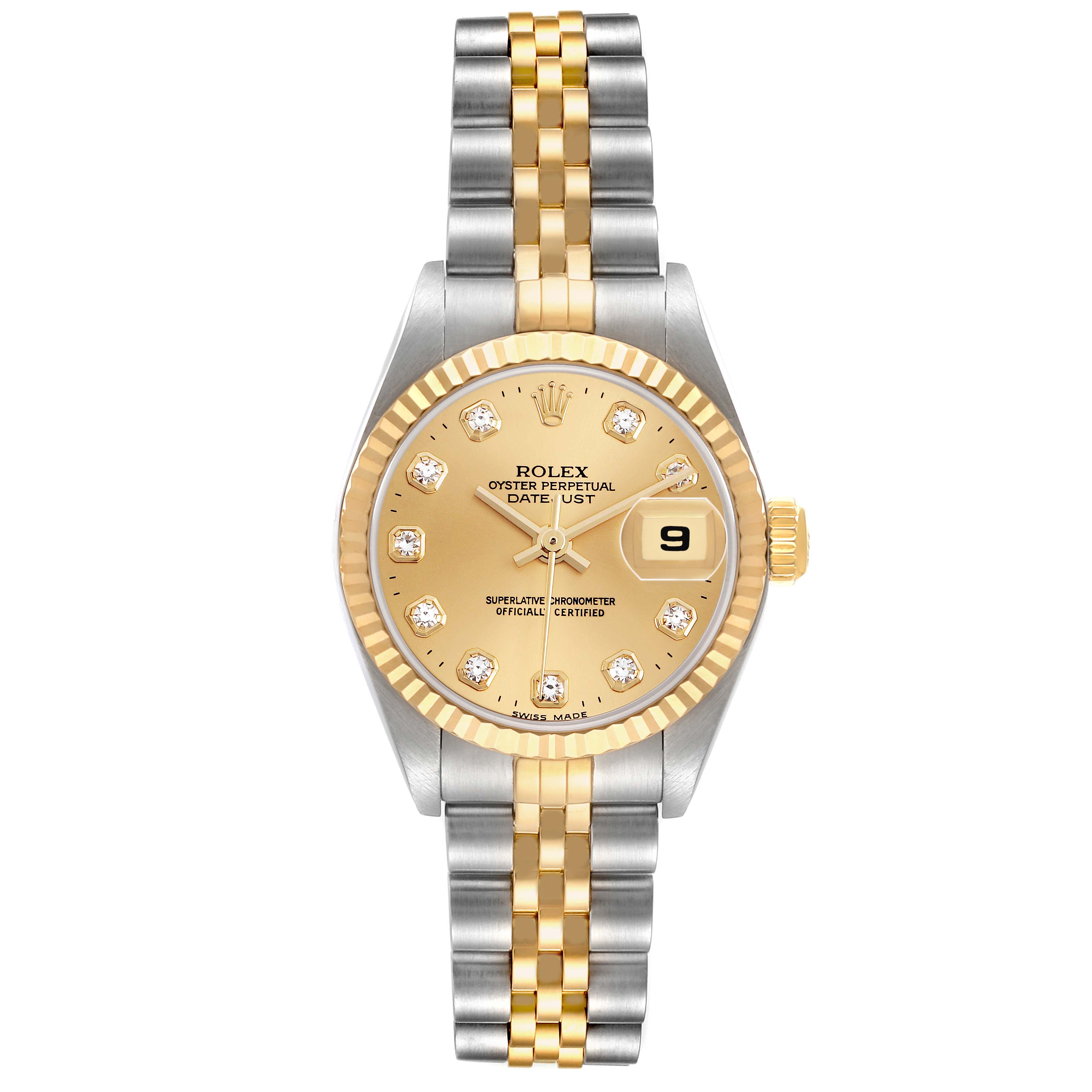 The Rolex Datejust 79173 Women's Steel and Gold (two tone) Champagne Dial watch is shown from the front, displaying the dial, hands, date, bezel, and two-tone bracelet.
