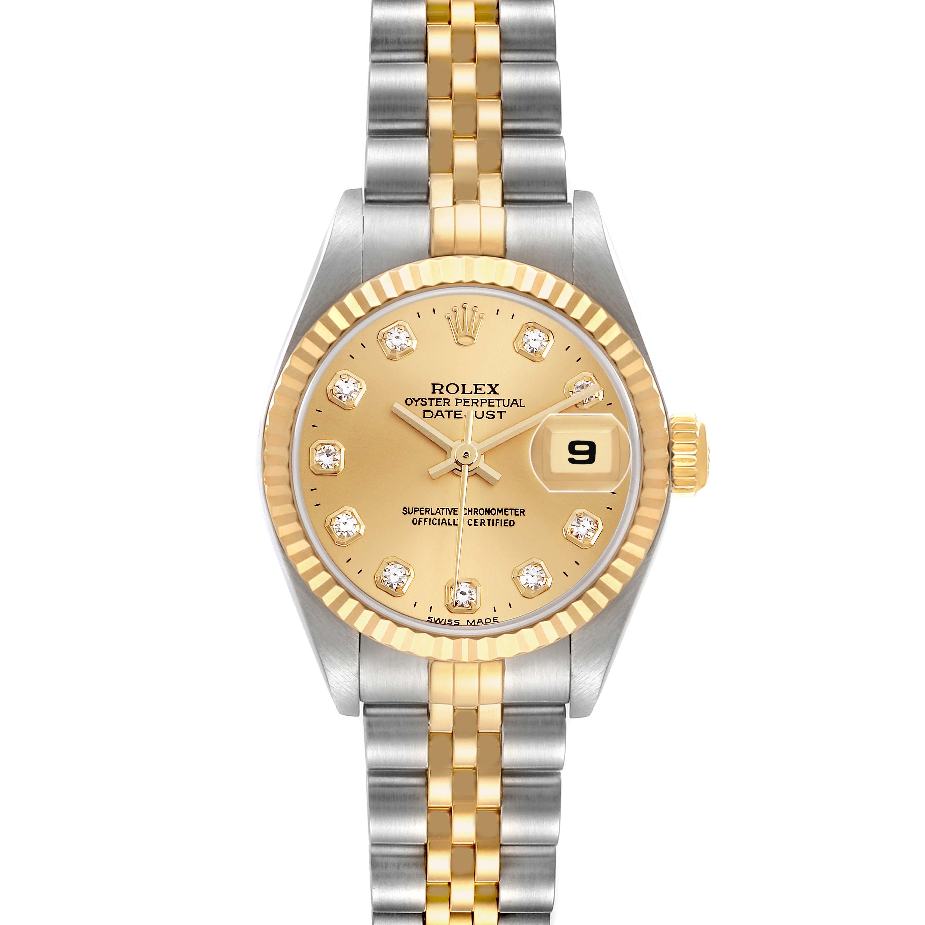 The Rolex Datejust 79173 Women's Steel and Gold (two tone) Champagne Dial watch is shown from a top view, displaying the face, bezel, crown, and the Jubilee bracelet.
