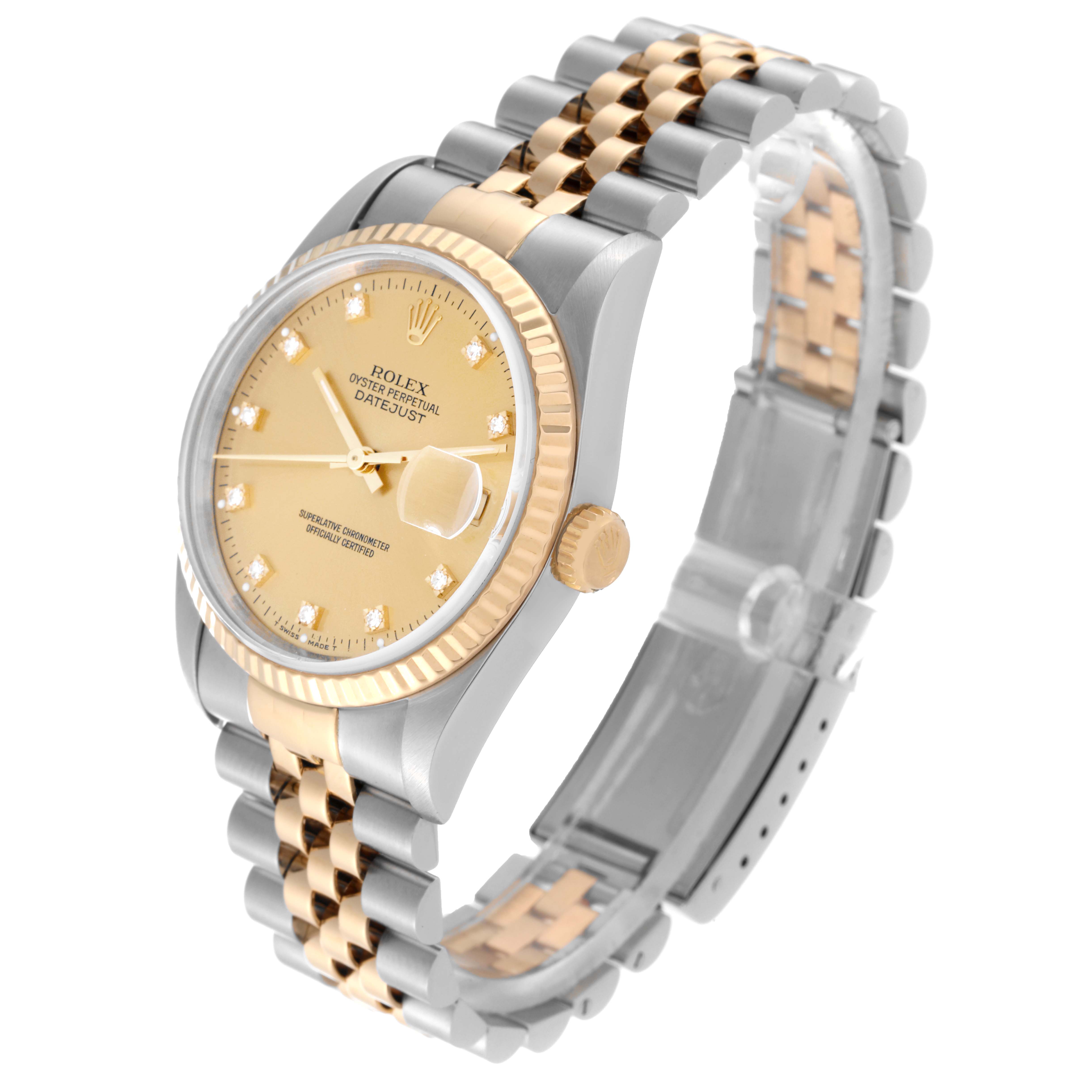 This image shows a Rolex Datejust 16233 Men's Steel and Gold (two tone) Champagne Dial 16233 Men's Steel and Gold (two tone) Champagne Dial watch angled to display the face, bezel, crown, and jubilee bracelet.