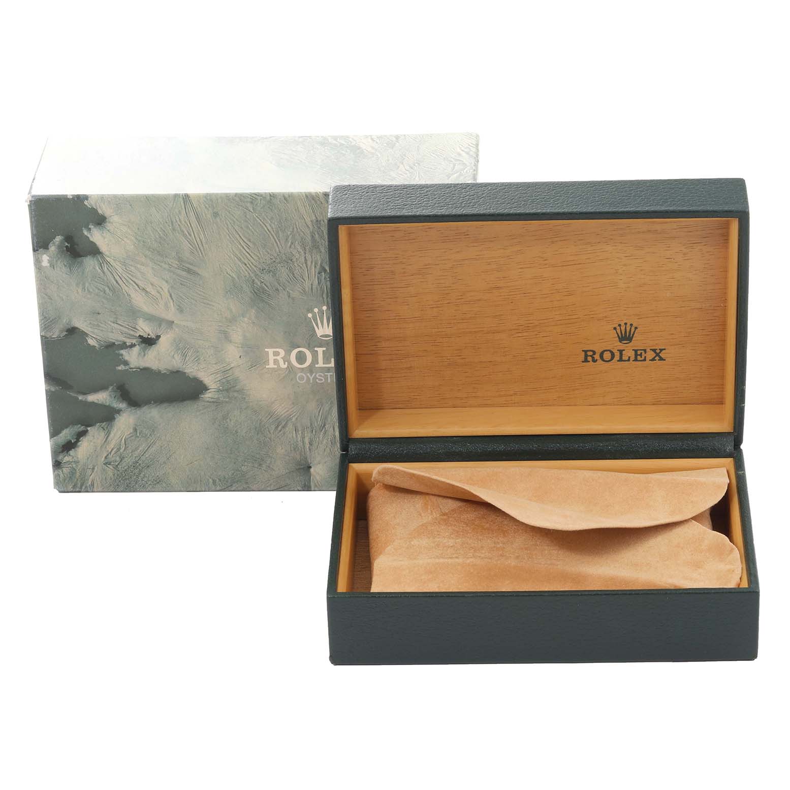 The image shows the open box and outer packaging for a Rolex Datejust 16233 Men's Steel and Gold (two tone) Champagne Dial 16233 Men's Steel and Gold (two tone) Champagne Dial watch, displaying "Rolex" branding.