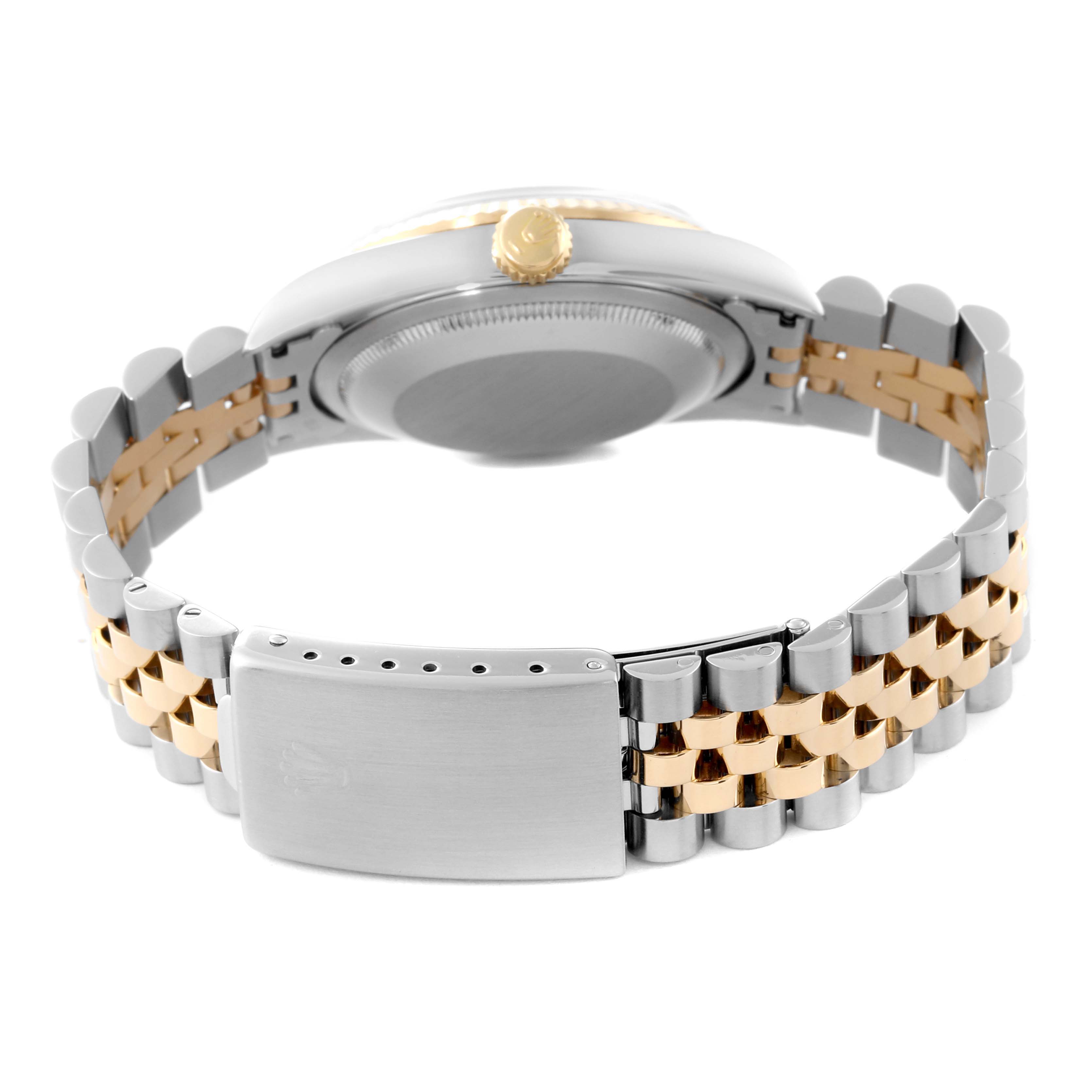 This image shows the back of a Rolex Datejust 16233 Men's Steel and Gold (two tone) Champagne Dial 16233 Men's Steel and Gold (two tone) Champagne Dial watch, focusing on its case and two-tone Jubilee bracelet.