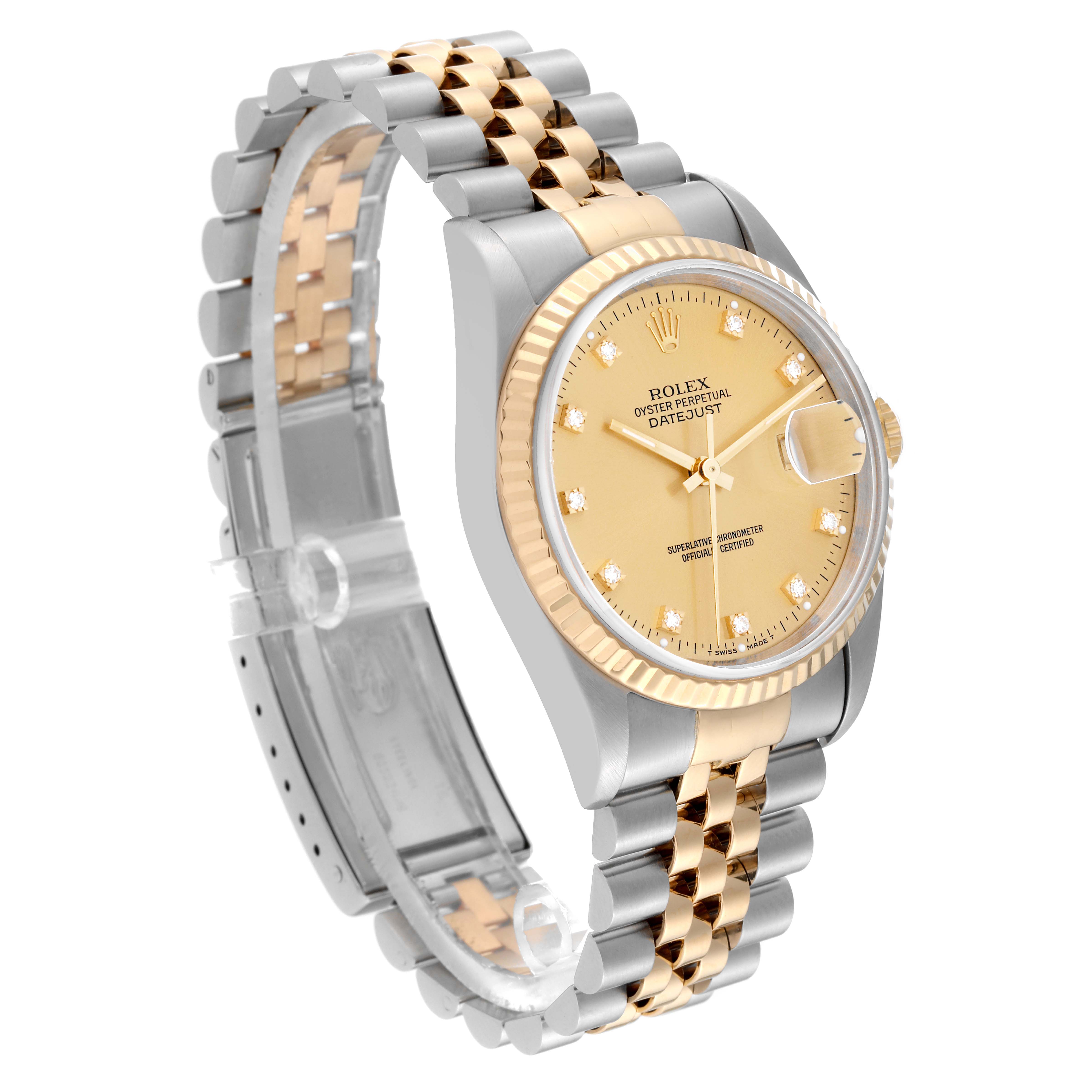 The Rolex Datejust 16233 Men's Steel and Gold (two tone) Champagne Dial 16233 Men's Steel and Gold (two tone) Champagne Dial watch is shown at a three-quarter angle, highlighting the face, bezel, and two-tone bracelet.