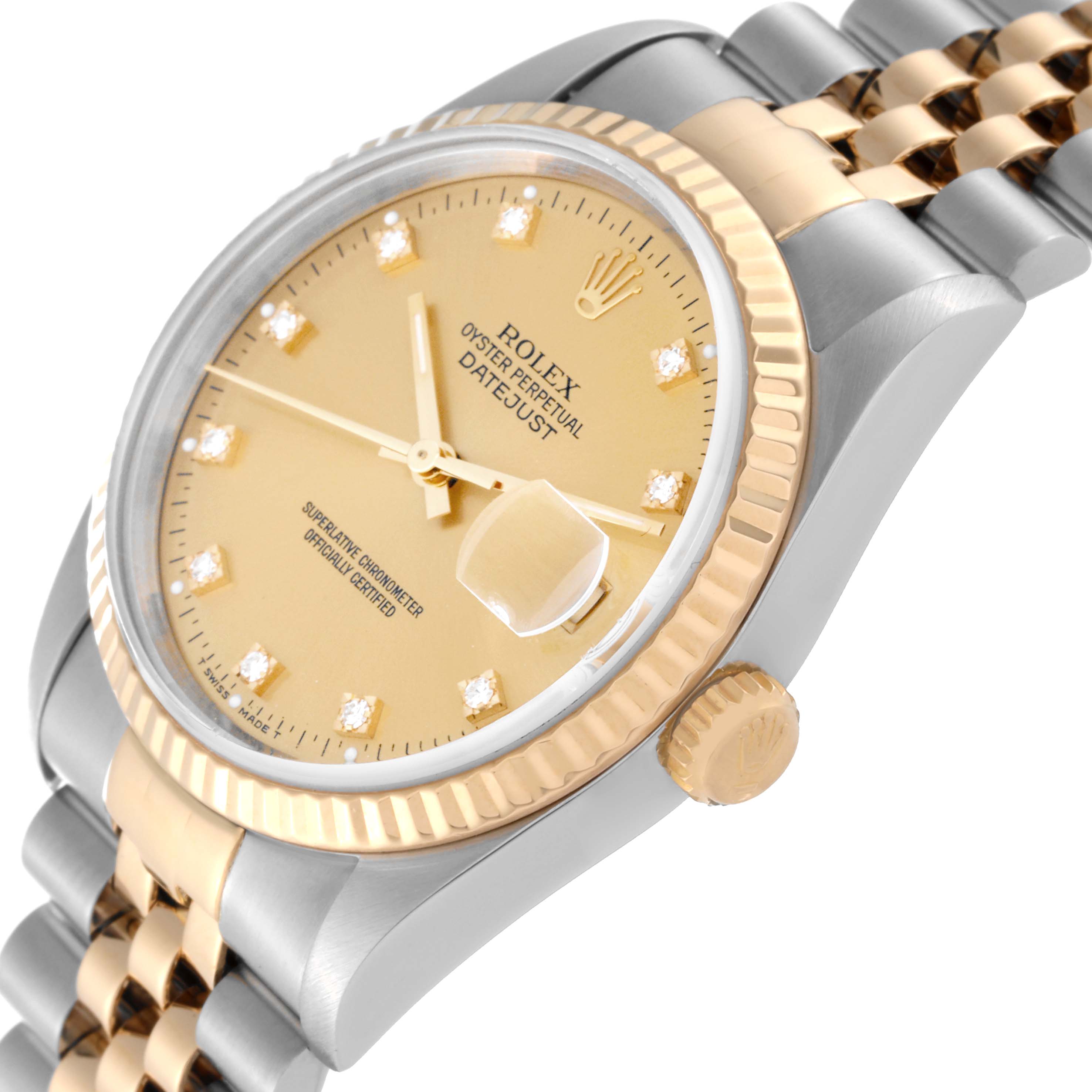 The Rolex Datejust 16233 Men's Steel and Gold (two tone) Champagne Dial 16233 Men's Steel and Gold (two tone) Champagne Dial watch is shown from a slightly tilted angle, highlighting the dial, bezel, crown, and part of the bracelet.