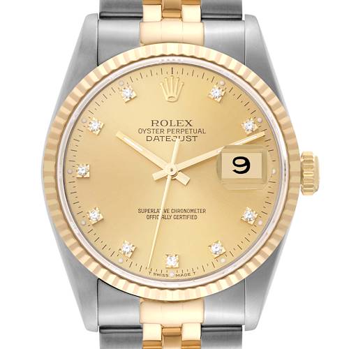 The image shows a front view of the Rolex Datejust watch, displaying its dial, hands, date window, bezel, and part of the bracelet.