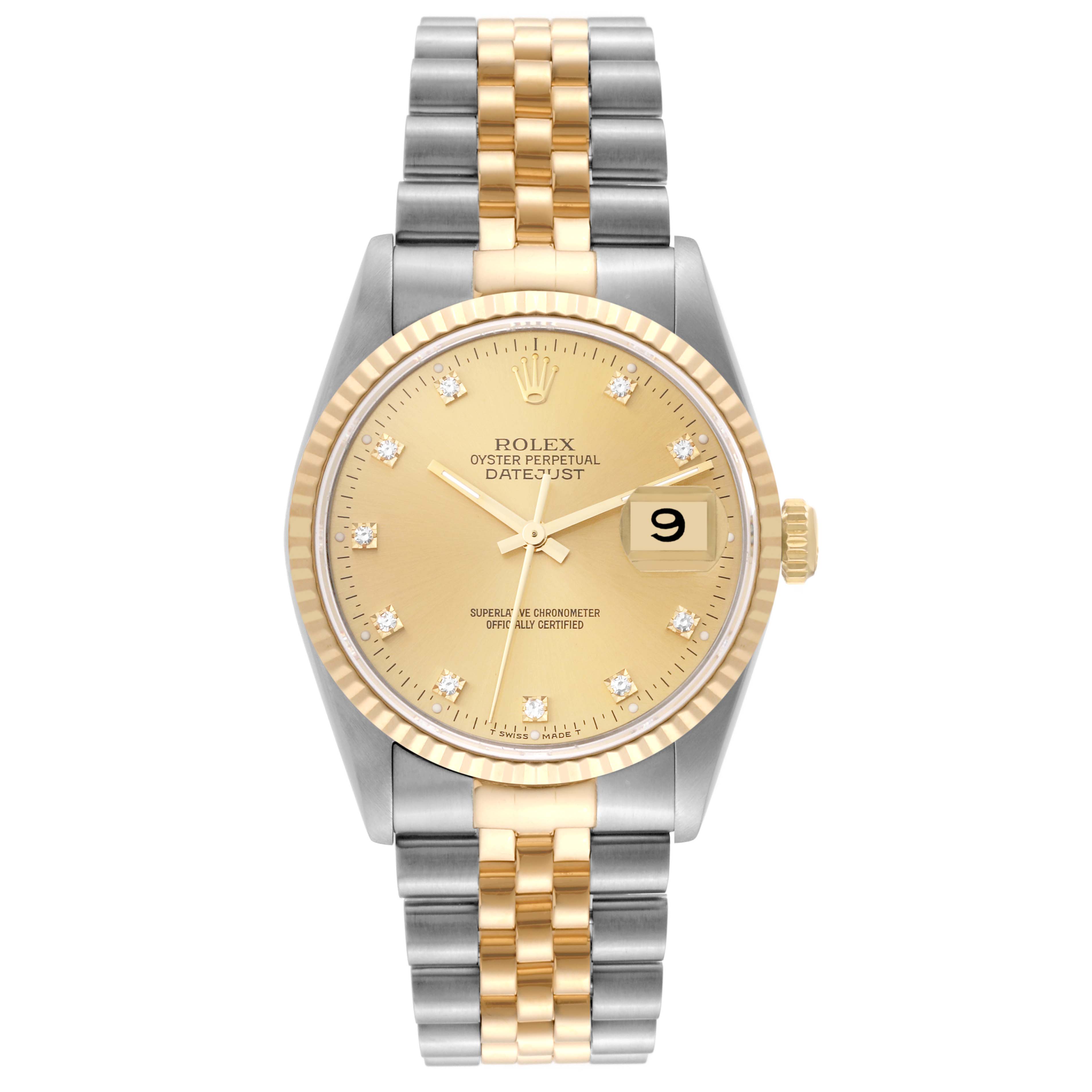 The image shows a front view of a Rolex Datejust 16233 Men's Steel and Gold (two tone) Champagne Dial 16233 Men's Steel and Gold (two tone) Champagne Dial watch, featuring a two-tone bracelet, gold dial, and date window.