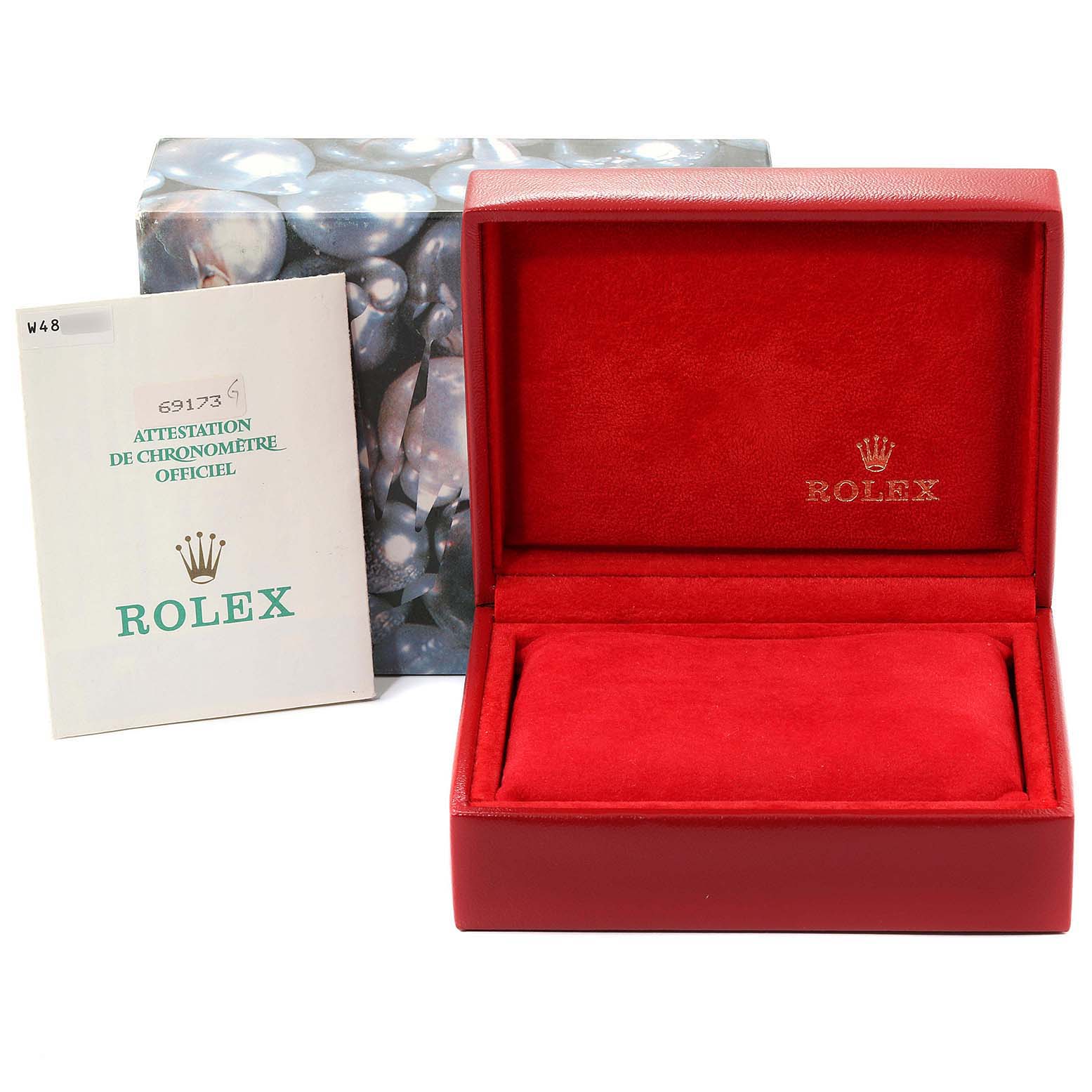 The image shows a Rolex Datejust 69173 Women
s Steel and Gold (two tone) Champagne Dial 69173 Women
s Steel and Gold (two tone) Champagne Dial watch
s packaging, including a red case and an official certificate.