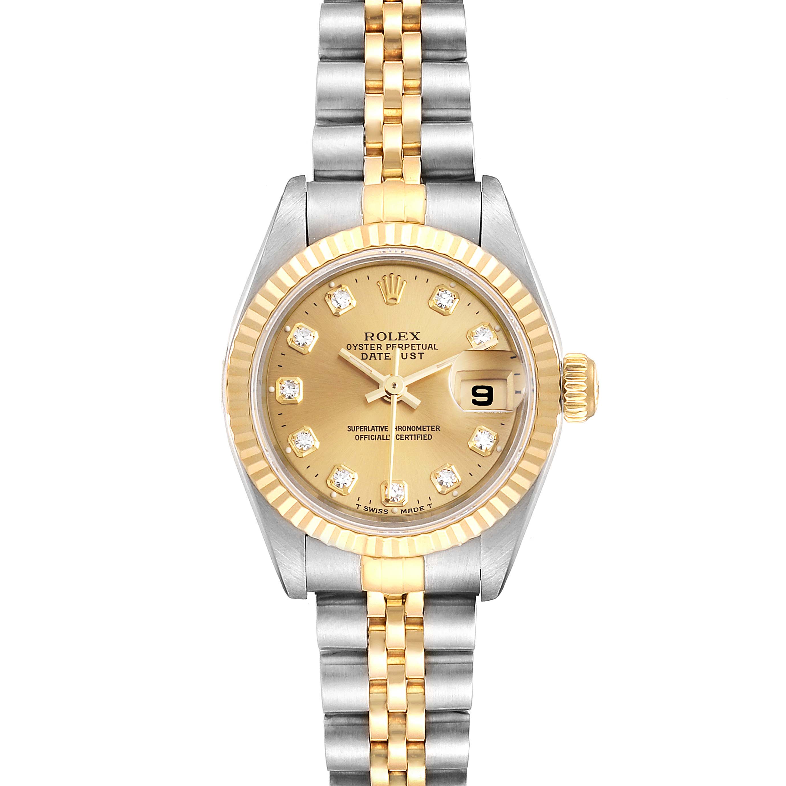 The Rolex Datejust 69173 Women
s Steel and Gold (two tone) Champagne Dial 69173 Women
s Steel and Gold (two tone) Champagne Dial watch is shown from a front angle, displaying its two-tone bracelet, gold dial, and date feature.