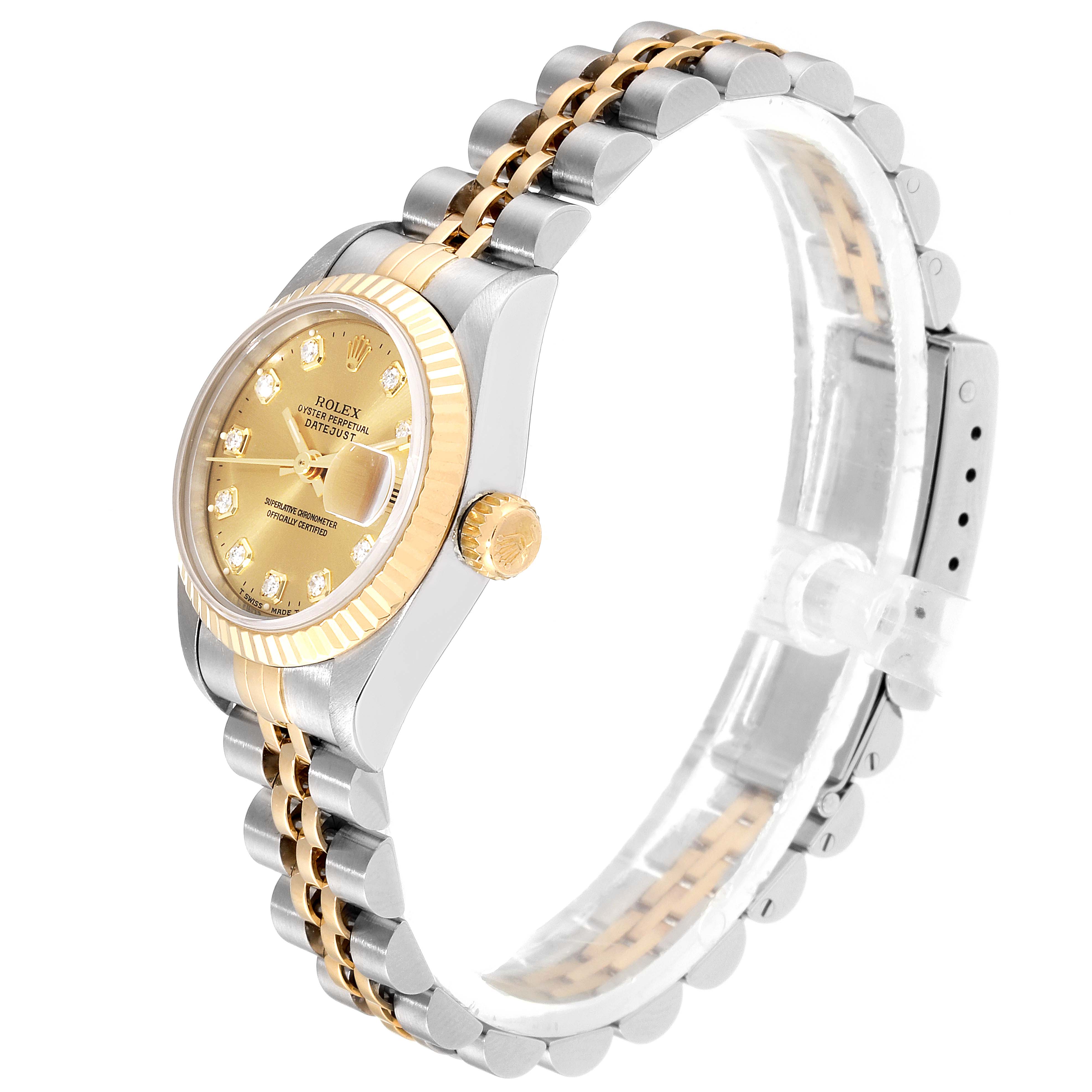 The Rolex Datejust 69173 Women
s Steel and Gold (two tone) Champagne Dial 69173 Women
s Steel and Gold (two tone) Champagne Dial watch is shown from a side angle, featuring its gold dial, crown, and two-tone metal bracelet.