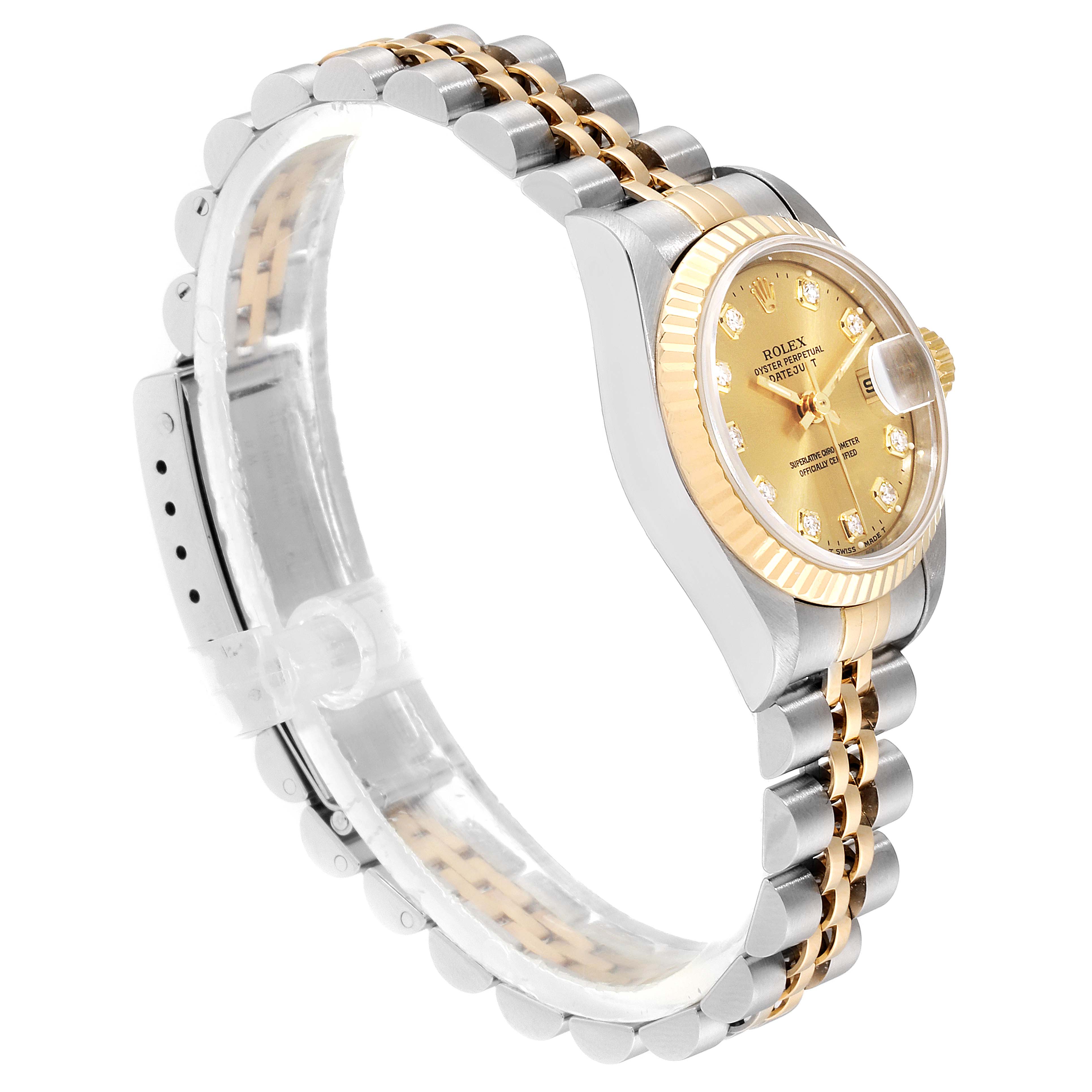 The image shows a Rolex Datejust 69173 Women
s Steel and Gold (two tone) Champagne Dial 69173 Women
s Steel and Gold (two tone) Champagne Dial watch at an angle highlighting its gold and silver bracelet, bezel, crown, and champagne dial.
