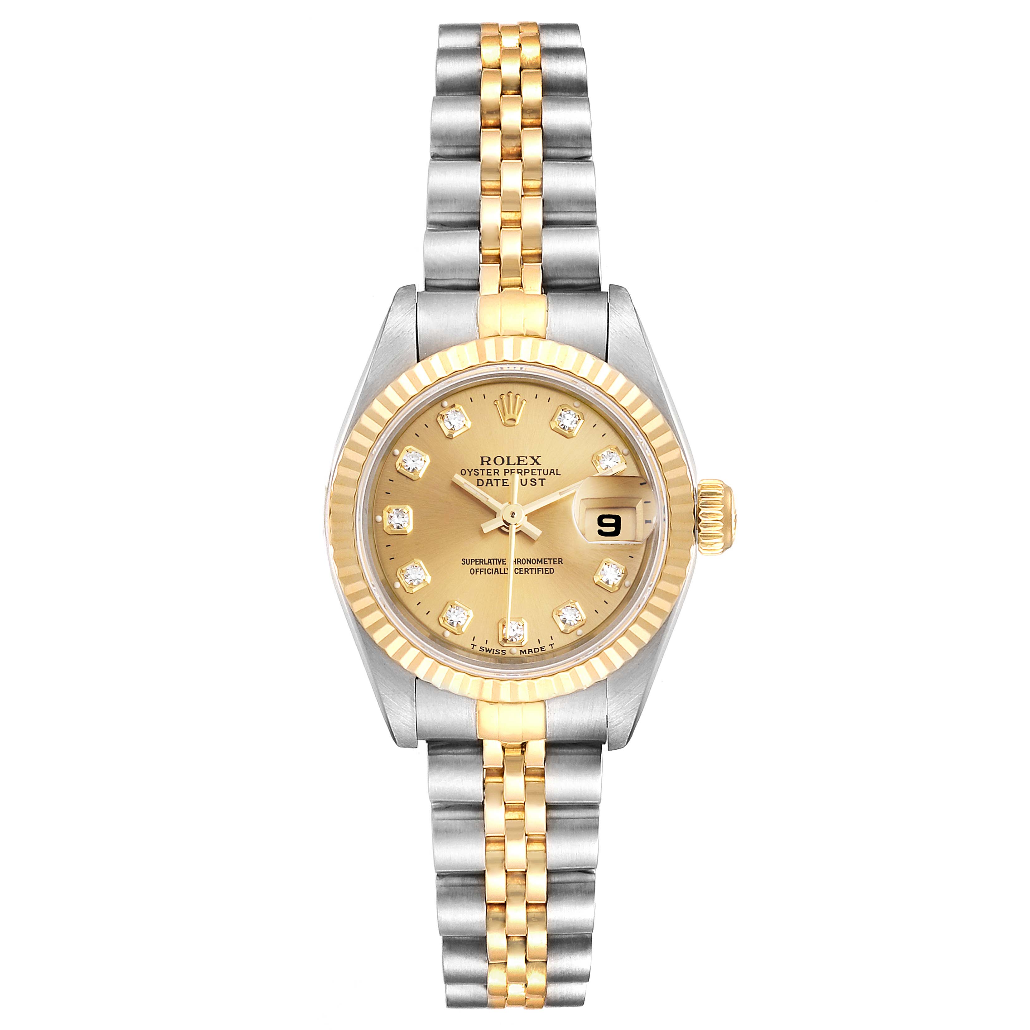 This image shows a Rolex Datejust 69173 Women
s Steel and Gold (two tone) Champagne Dial 69173 Women
s Steel and Gold (two tone) Champagne Dial watch from a top-down angle, featuring a two-tone bracelet, gold bezel, and champagne dial with diamond markers.