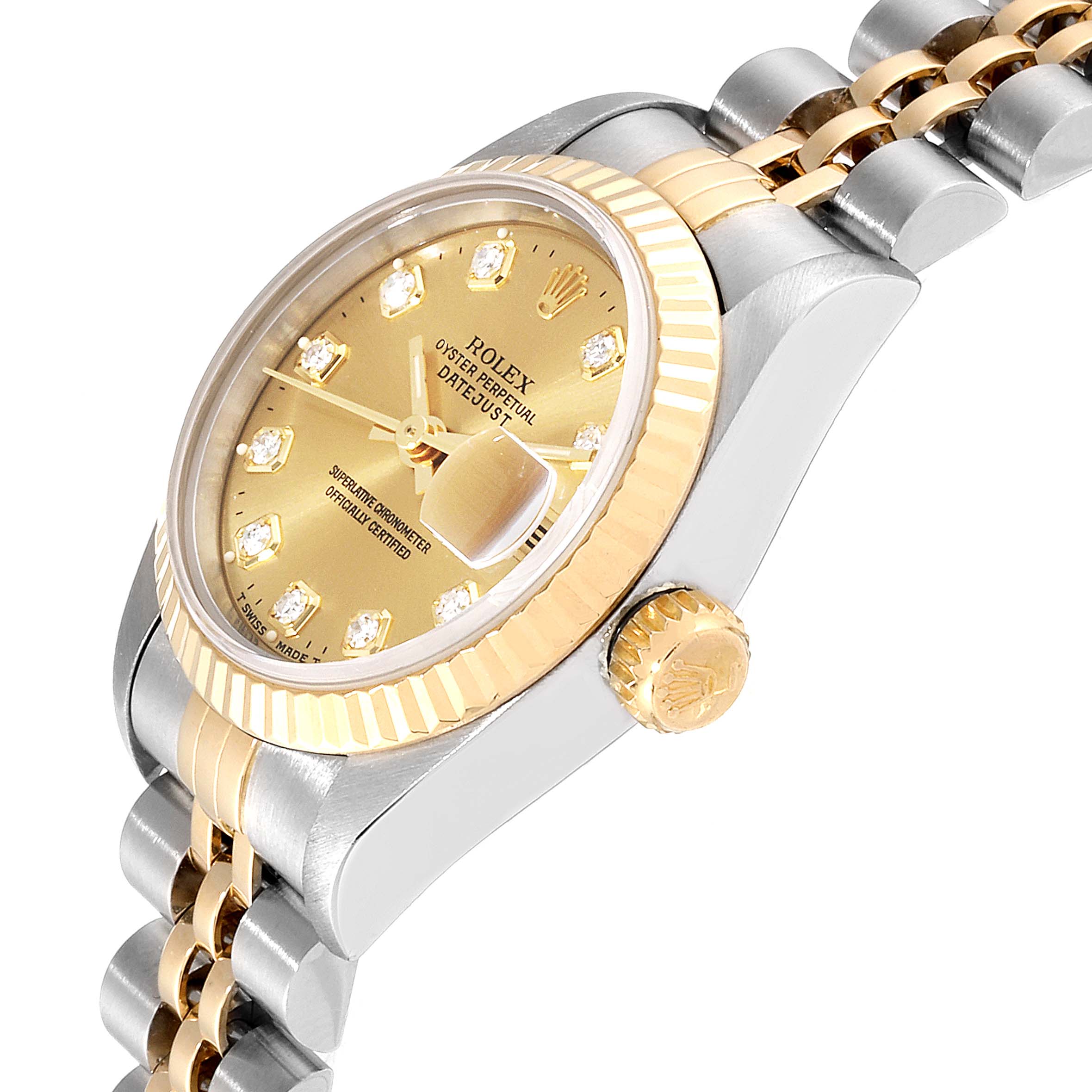 This image shows a Rolex Datejust 69173 Women
s Steel and Gold (two tone) Champagne Dial 69173 Women
s Steel and Gold (two tone) Champagne Dial watch at a slight side angle, highlighting the gold dial, crown, and jubilee bracelet.