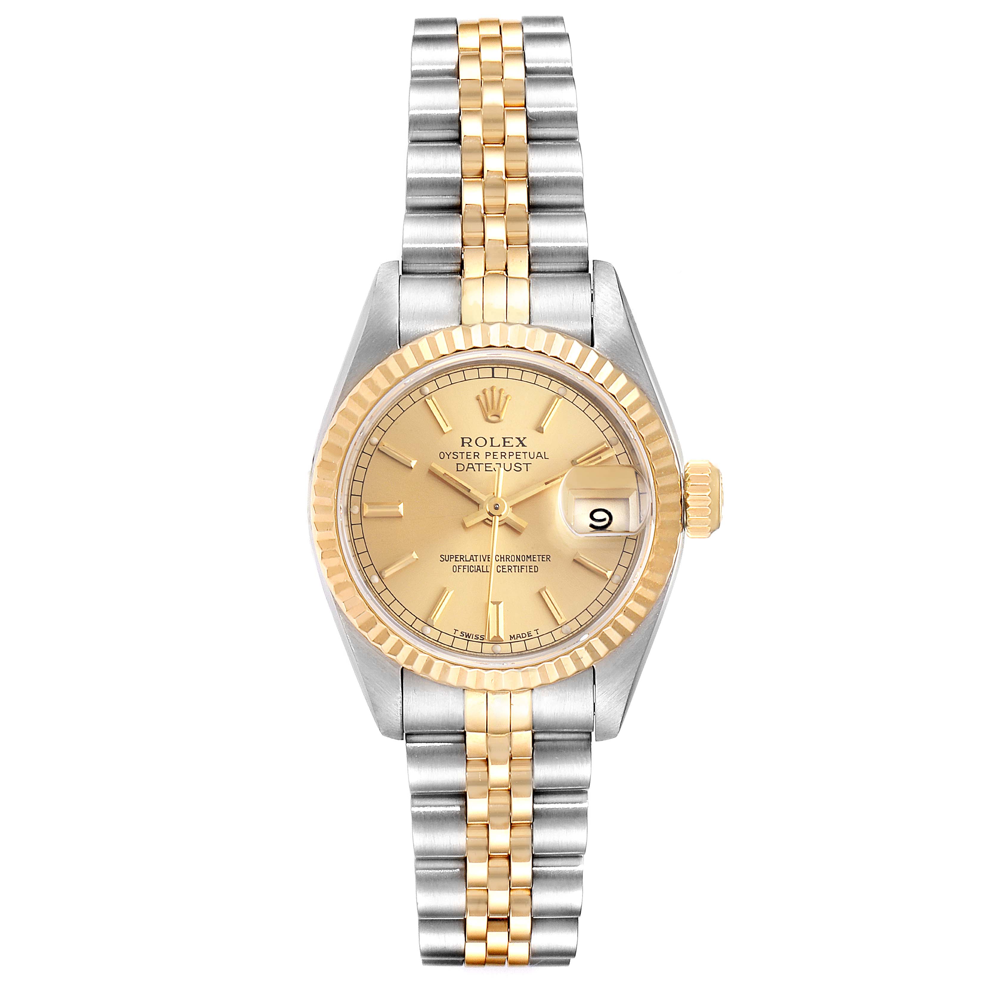 The image shows a front view of a Rolex Datejust 69173 Women
s Steel and Gold (two tone) Champagne Dial 69173 Women
s Steel and Gold (two tone) Champagne Dial watch, highlighting the dial, bezel, and two-tone bracelet.