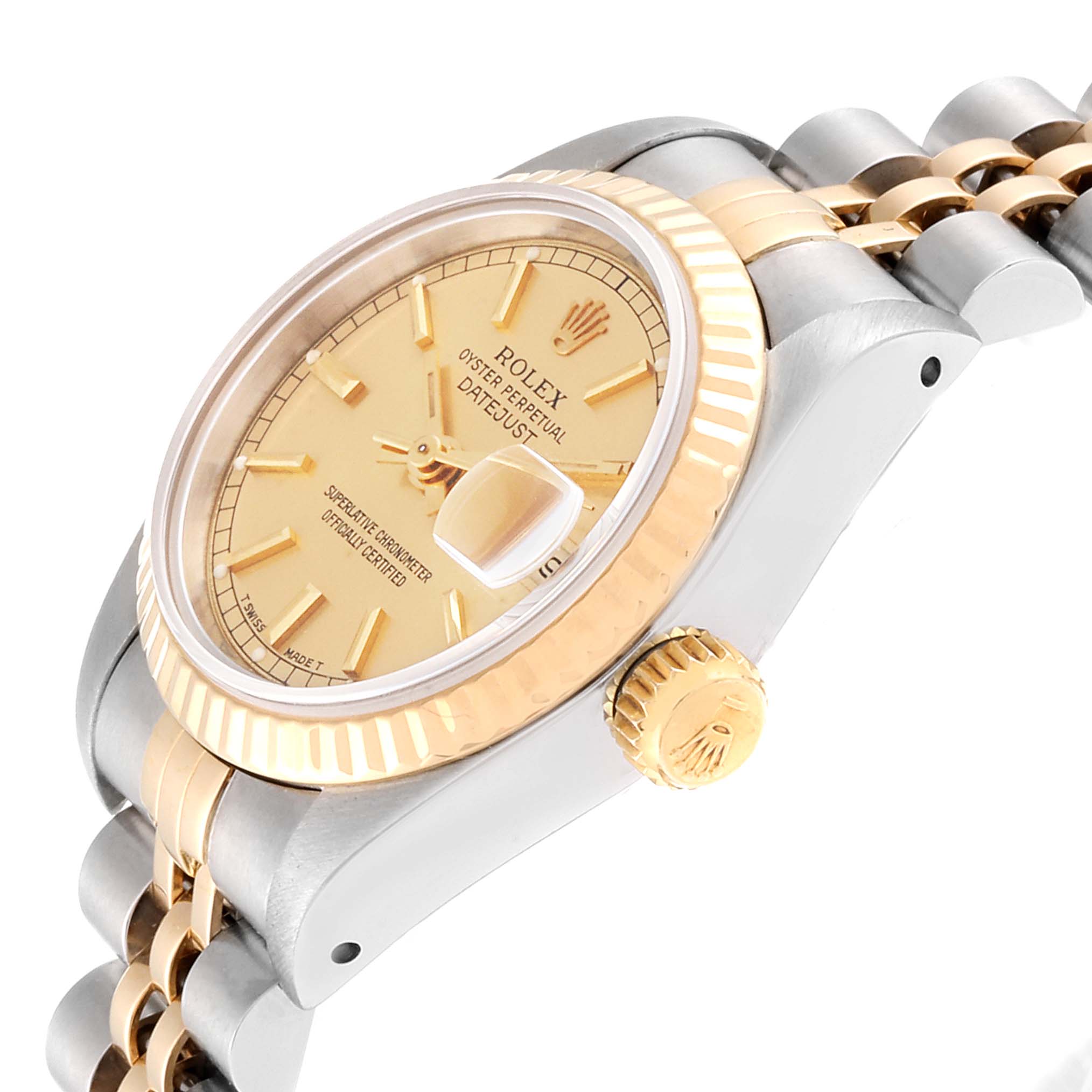 This image shows a Rolex Datejust 69173 Women
s Steel and Gold (two tone) Champagne Dial 69173 Women
s Steel and Gold (two tone) Champagne Dial watch at an angle emphasizing the dial, bezel, crown, and part of the bracelet.