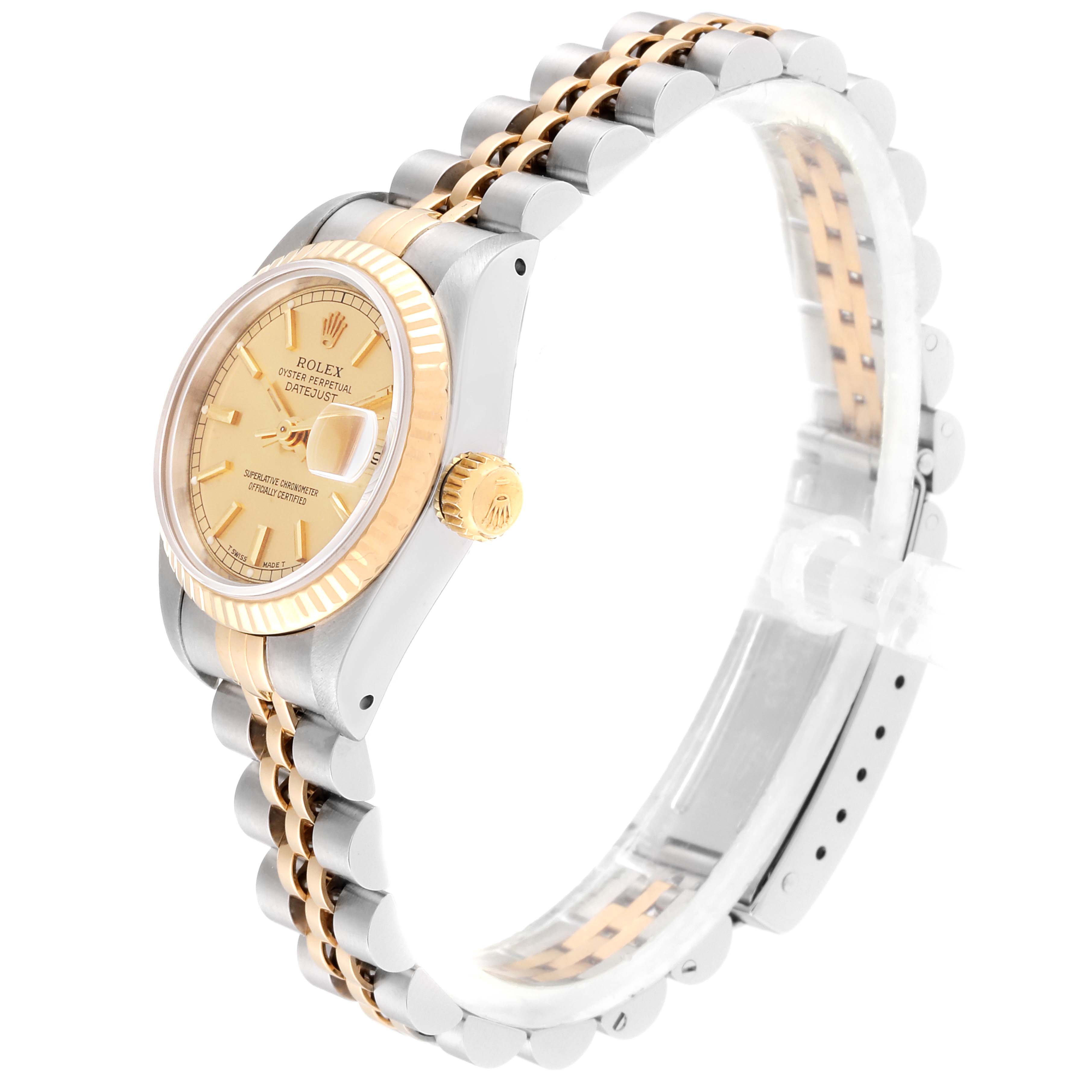 This image shows a side view of a Rolex Datejust 69173 Women
s Steel and Gold (two tone) Champagne Dial 69173 Women
s Steel and Gold (two tone) Champagne Dial watch, highlighting the case, bezel, dial, crown, and bracelet.