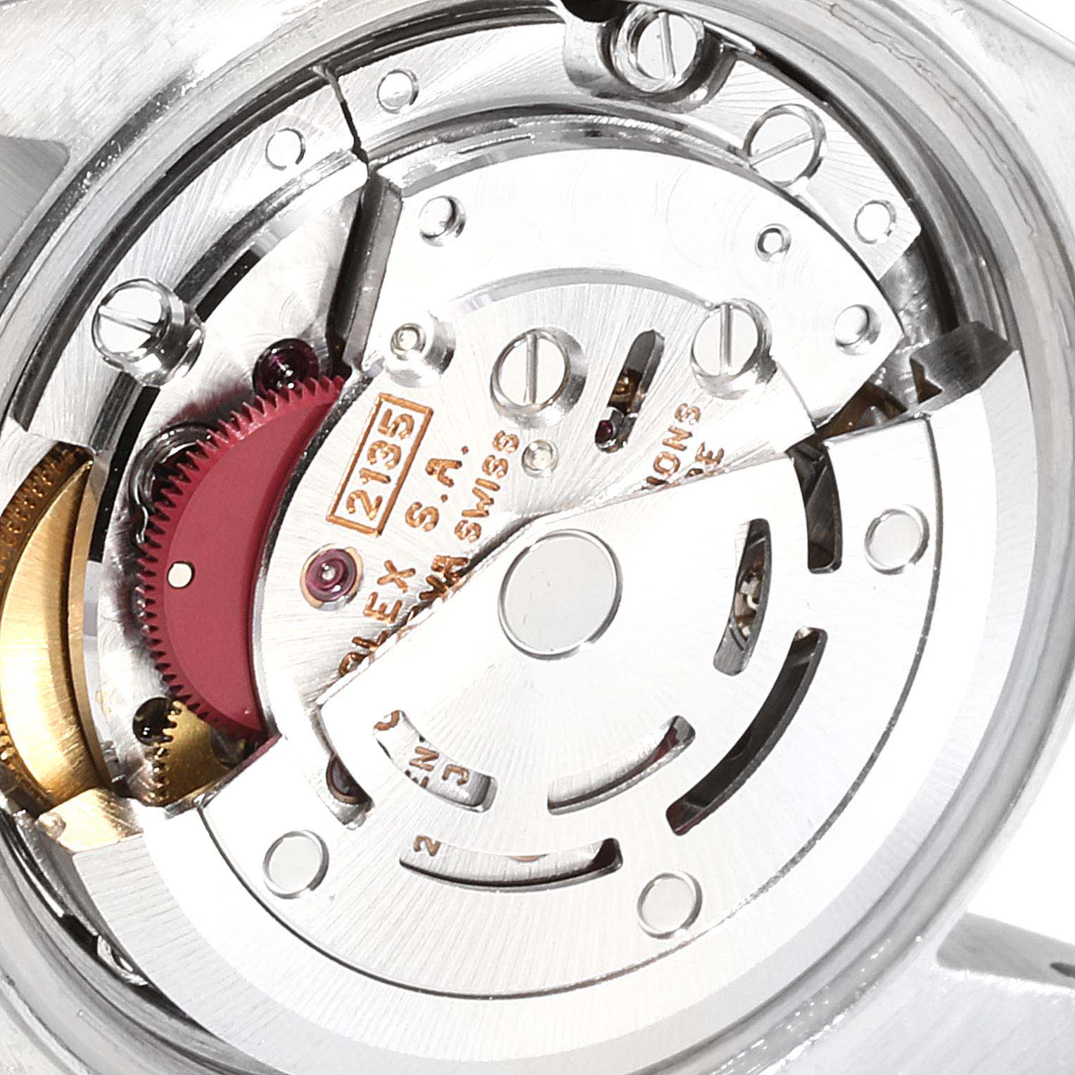 This image shows the internal movement mechanism of a Rolex Datejust 69173 Women
s Steel and Gold (two tone) Champagne Dial 69173 Women
s Steel and Gold (two tone) Champagne Dial watch from a close-up angled view.