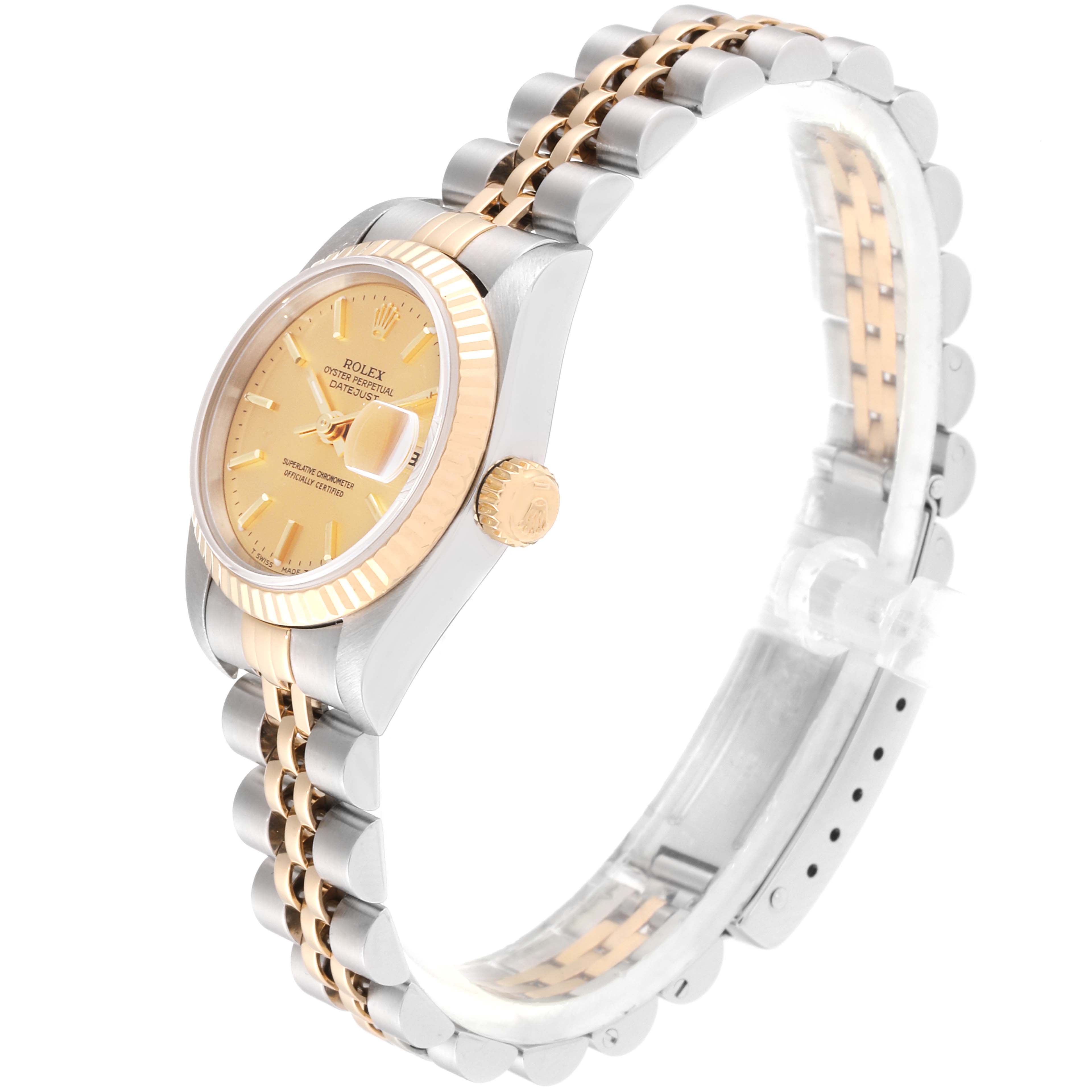 This is a side angle view of a Rolex Datejust 69173 Women
s Steel and Gold (two tone) Champagne Dial 69173 Women
s Steel and Gold (two tone) Champagne Dial watch, showing the face, crown, bezel, and partially the bracelet.