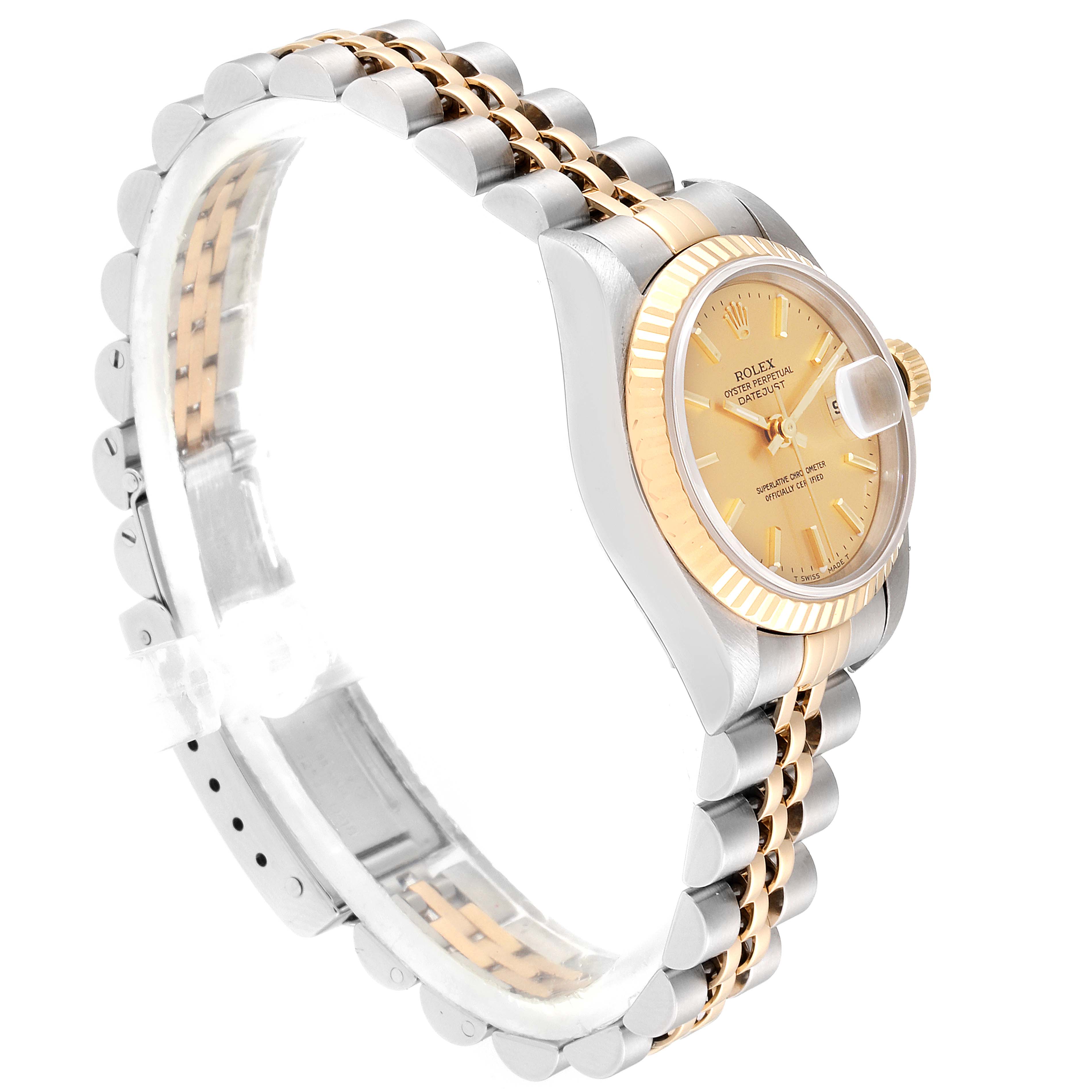 This image shows a Rolex Datejust 69173 Women
s Steel and Gold (two tone) Champagne Dial 69173 Women
s Steel and Gold (two tone) Champagne Dial watch at an angle highlighting its face, bezel, bracelet, and crown.