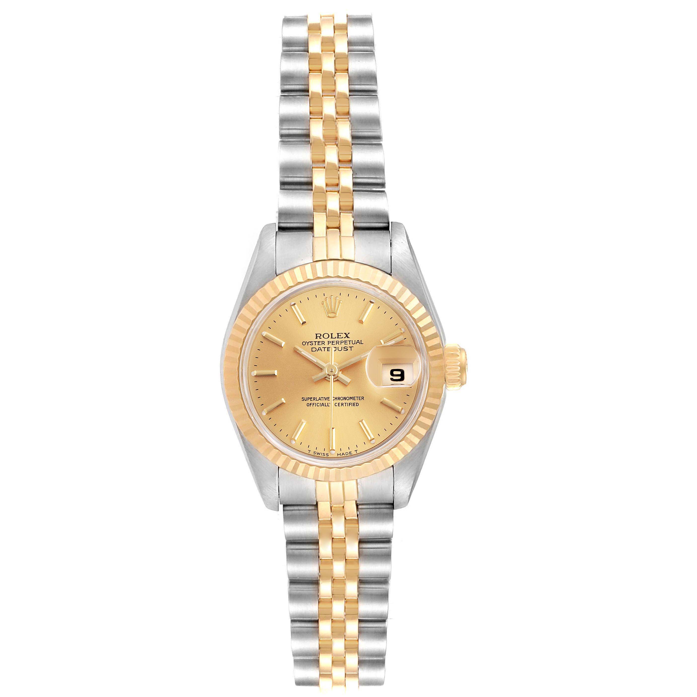 The image shows a front view of a Rolex Datejust 69173 Women
s Steel and Gold (two tone) Champagne Dial 69173 Women
s Steel and Gold (two tone) Champagne Dial watch with a gold and silver jubilee bracelet, gold face, and date window.