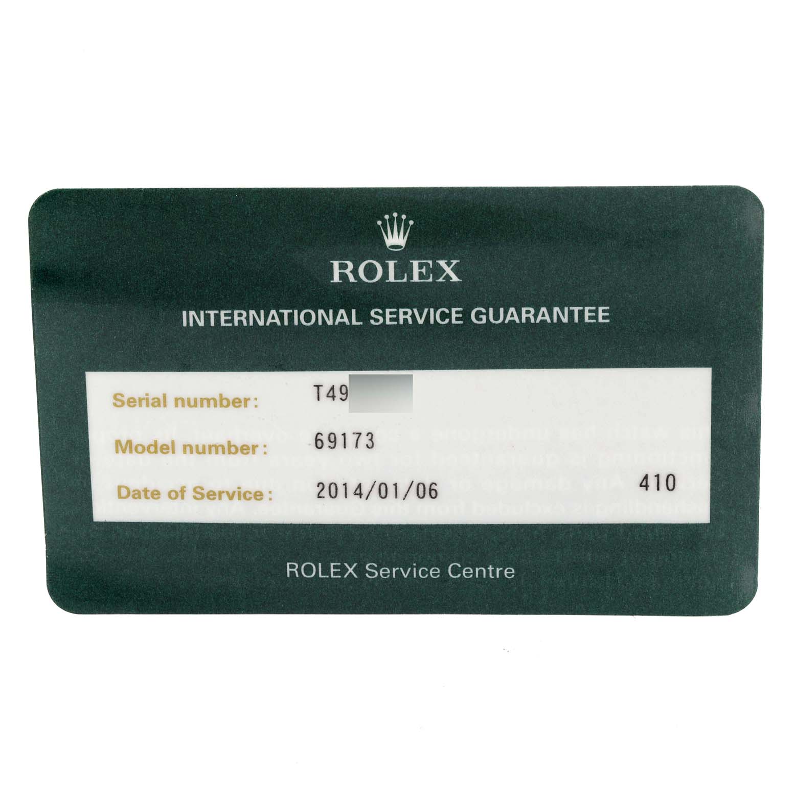 This image shows an international service guarantee card for a Rolex Datejust 69173 Women
s Steel and Gold (two tone) Champagne Dial 69173 Women
s Steel and Gold (two tone) Champagne Dial model, detailing its serial and model numbers.