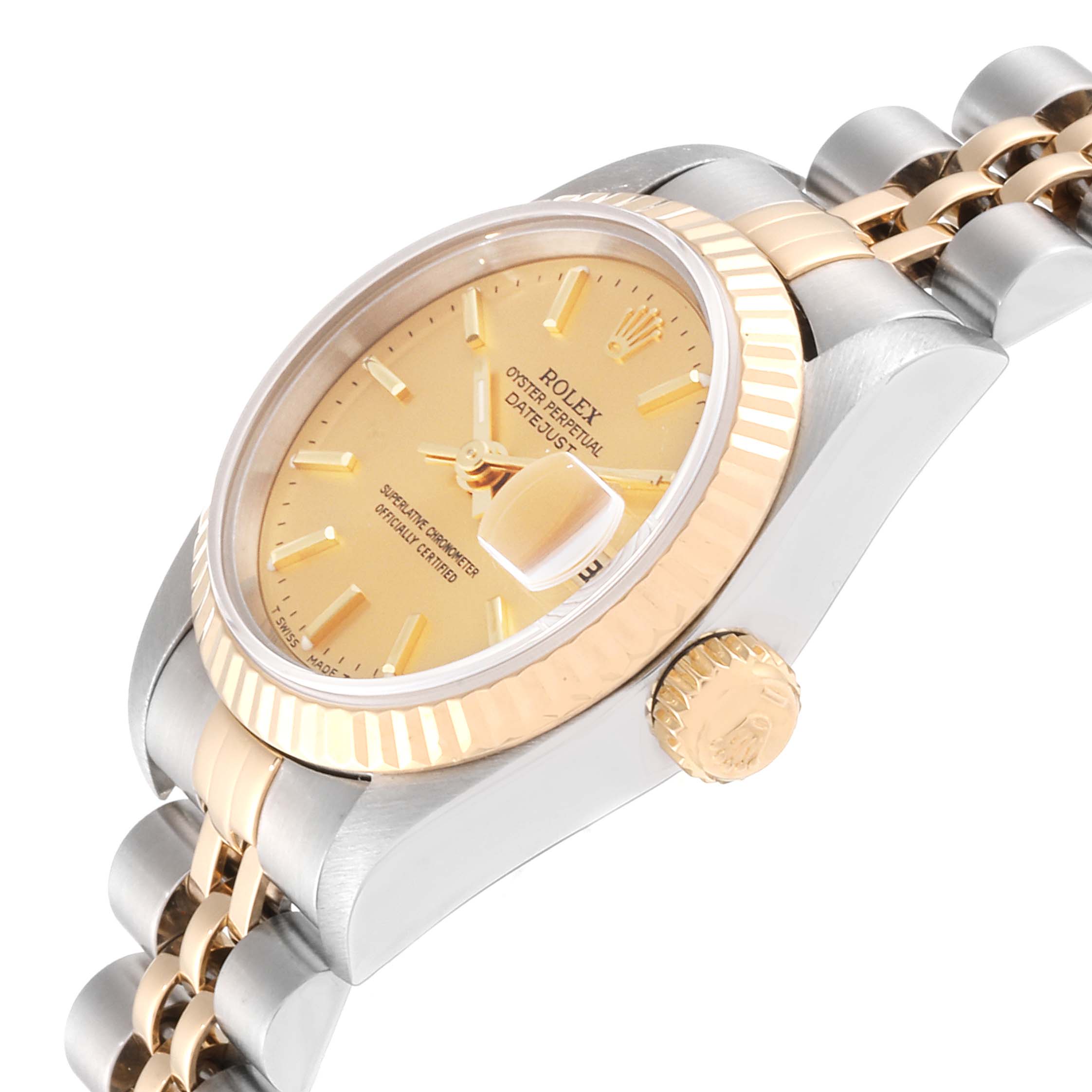 The image shows an angled side view of a Rolex Datejust 69173 Women
s Steel and Gold (two tone) Champagne Dial 69173 Women
s Steel and Gold (two tone) Champagne Dial watch, highlighting the gold and silver bracelet, crown, and fluted bezel.