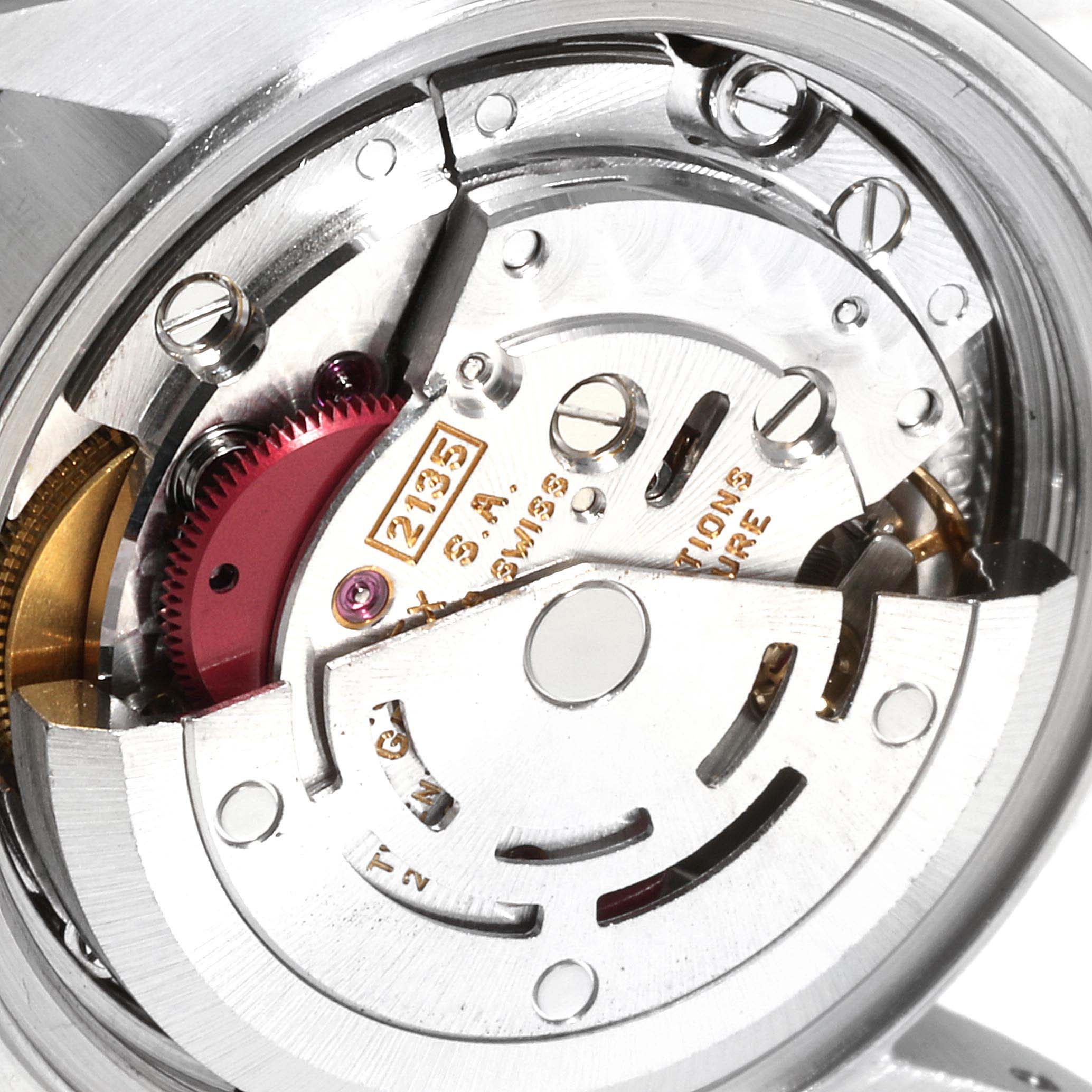 The image shows a close-up view of the movement mechanism of a Rolex Datejust 69173 Women
s Steel and Gold (two tone) Champagne Dial 69173 Women
s Steel and Gold (two tone) Champagne Dial watch.