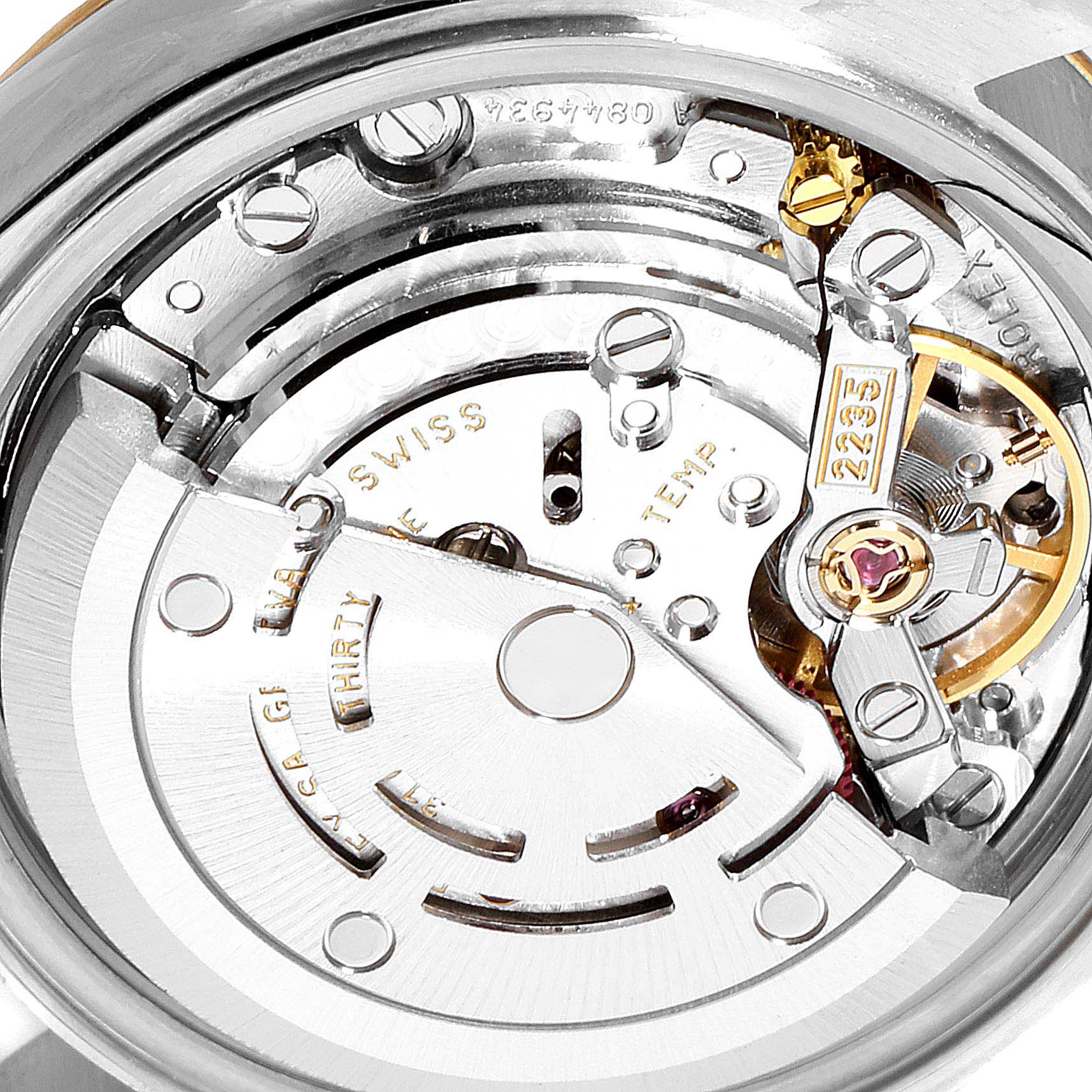 The image displays a close-up view of the movement and internal mechanisms of the Rolex Datejust 79173 Women's Steel and Gold (two tone) Champagne Dial 79173 Women's Steel and Gold (two tone) Champagne Dial watch.