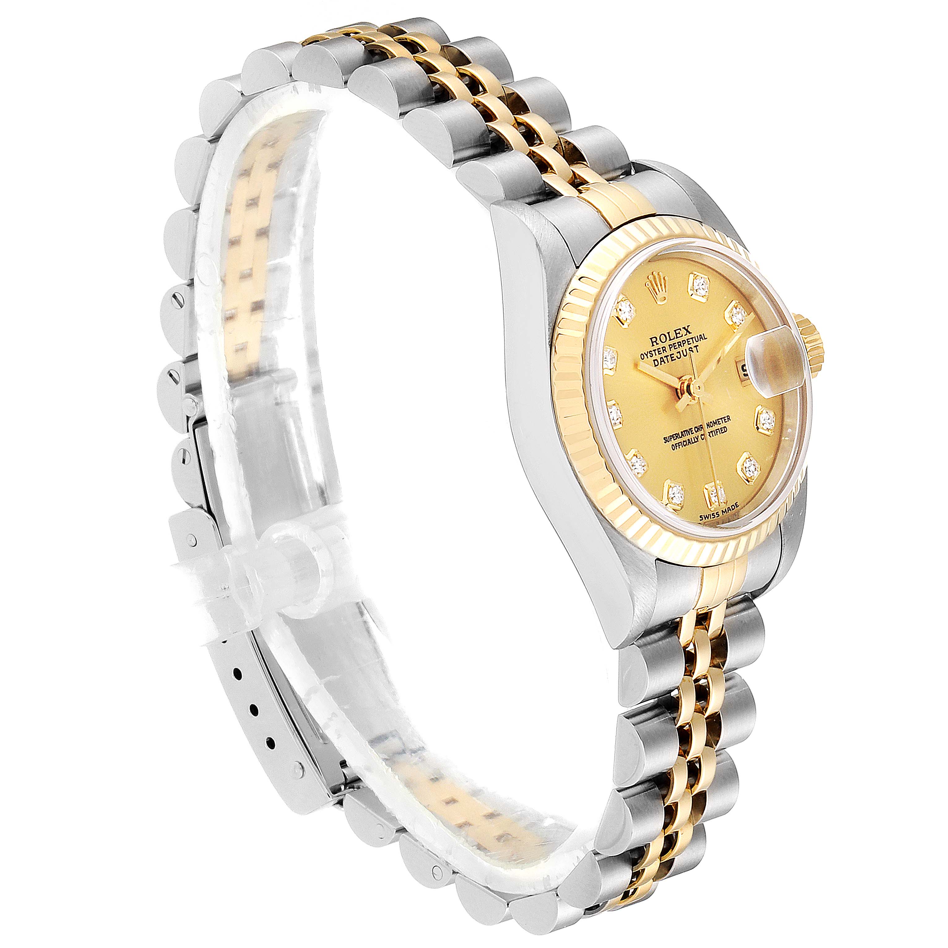 The image shows a side angle view of the Rolex Datejust 79173 Women's Steel and Gold (two tone) Champagne Dial 79173 Women's Steel and Gold (two tone) Champagne Dial watch, highlighting its gold dial, fluted bezel, and two-tone bracelet.