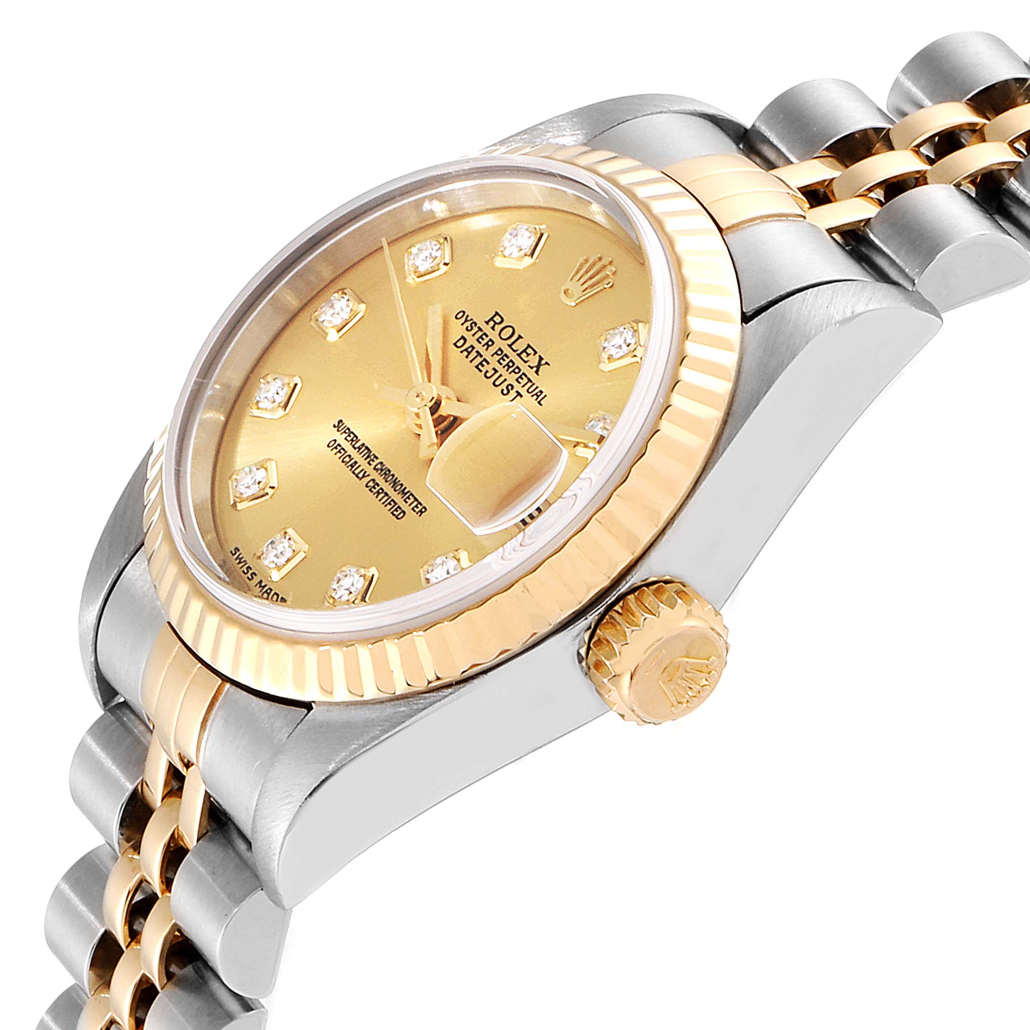 This image shows a side-angle view of the Rolex Datejust 79173 Women's Steel and Gold (two tone) Champagne Dial 79173 Women's Steel and Gold (two tone) Champagne Dial watch, highlighting the dial, bezel, crown, and bracelet.