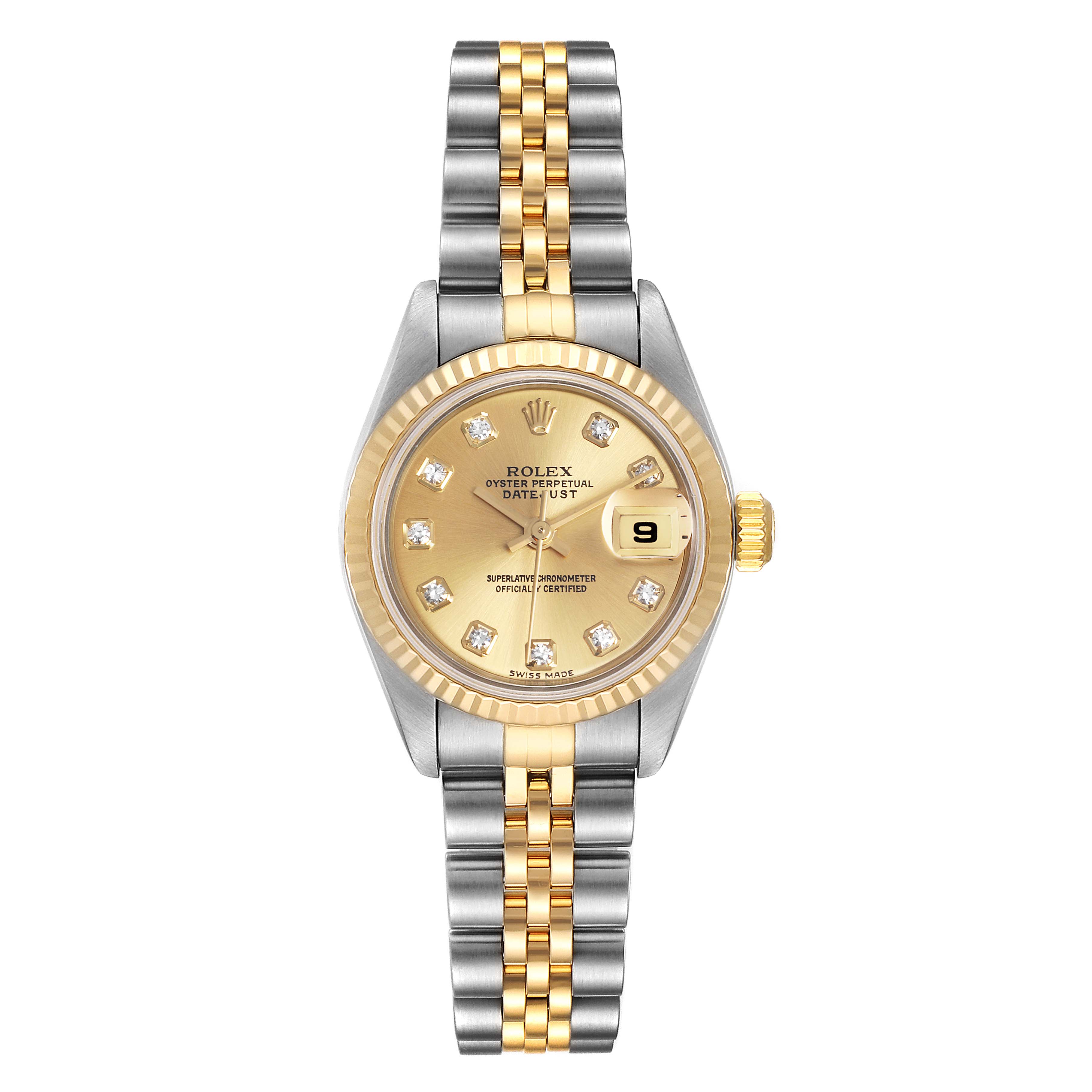 The Rolex Datejust 79173 Women's Steel and Gold (two tone) Champagne Dial 79173 Women's Steel and Gold (two tone) Champagne Dial watch is shown from a top-down angle displaying the face, bezel, and two-tone bracelet.