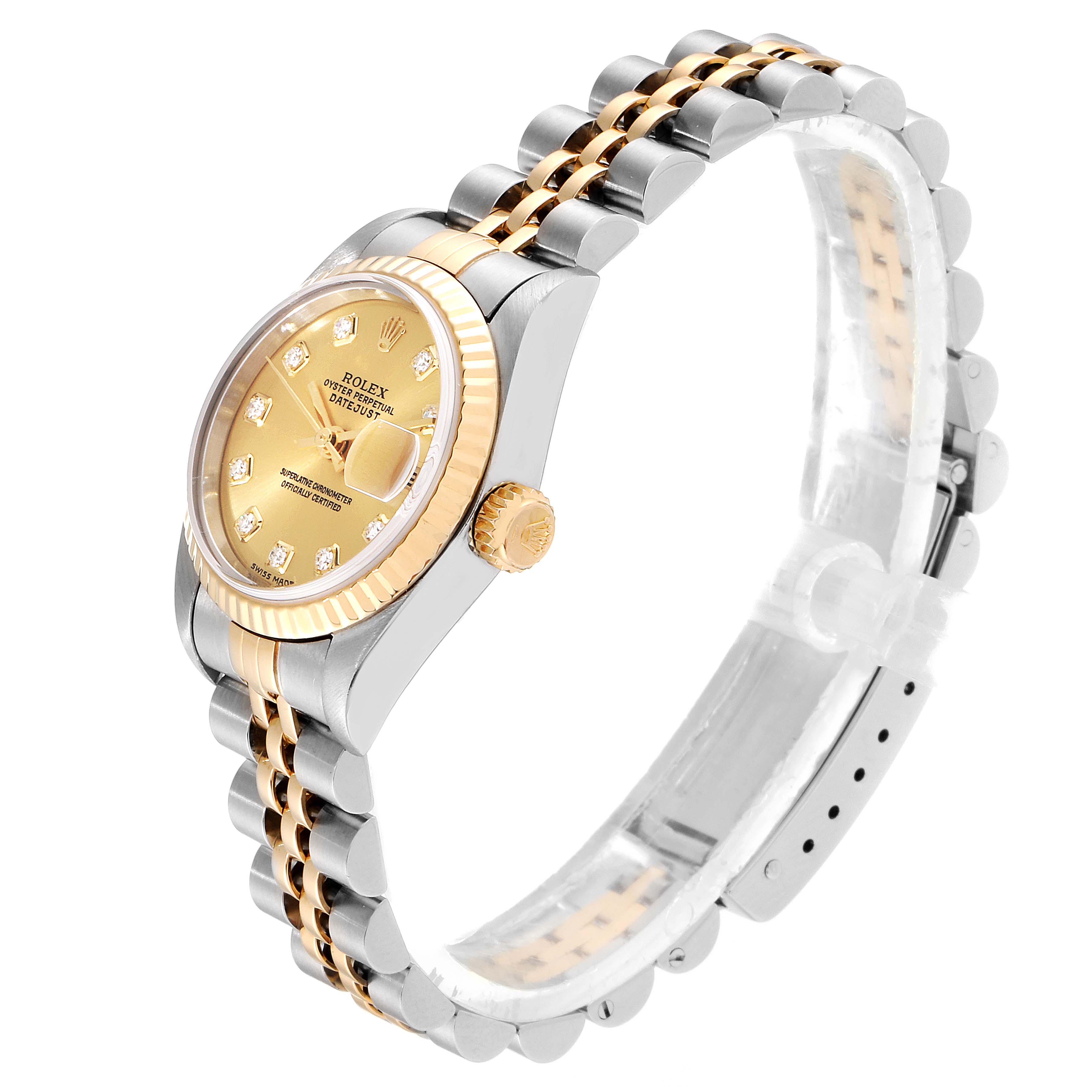 This angled view showcases the Rolex Datejust 79173 Women's Steel and Gold (two tone) Champagne Dial 79173 Women's Steel and Gold (two tone) Champagne Dial watch, highlighting its gold dial, dual-tone bracelet, and fluted bezel.