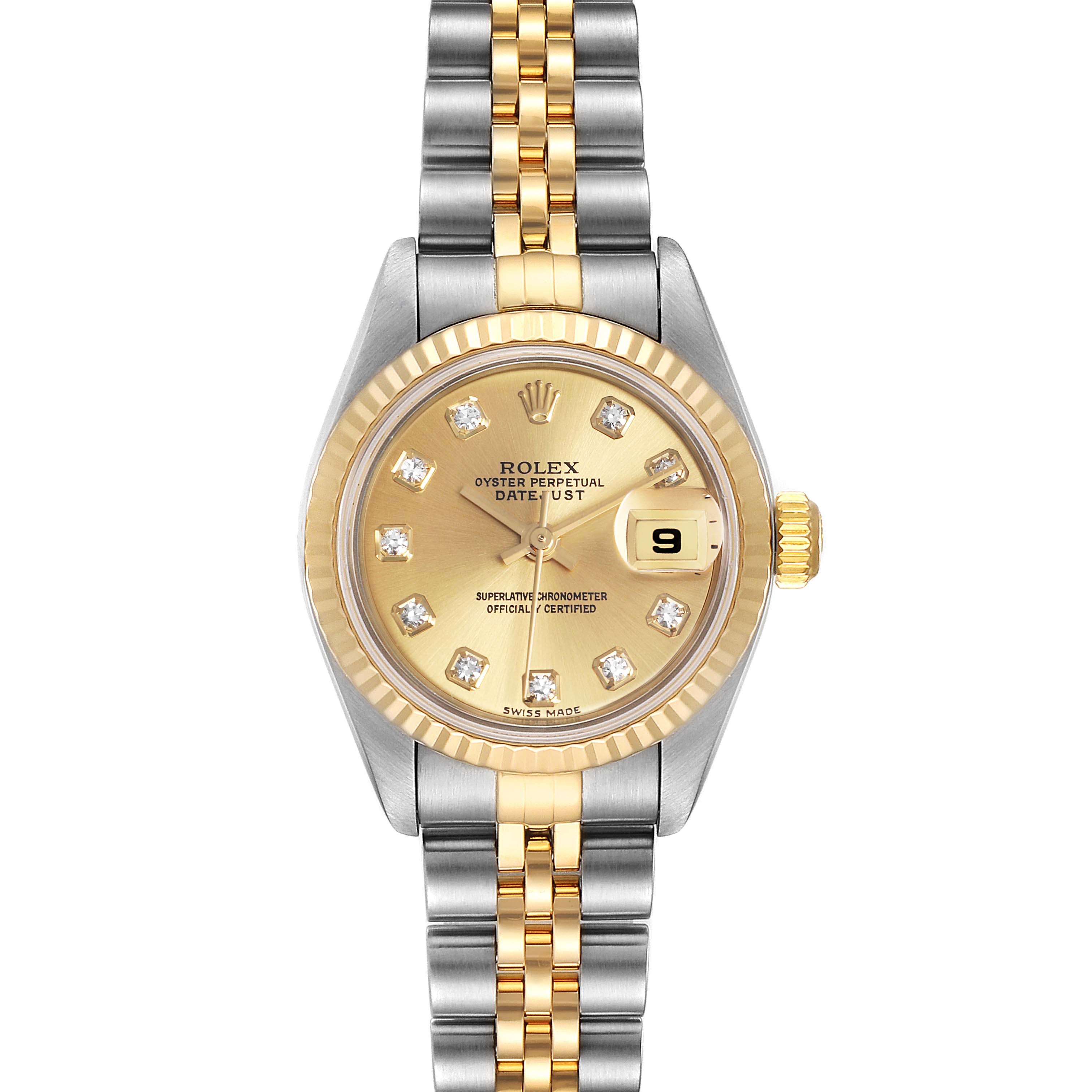 This image shows a Rolex Datejust 79173 Women's Steel and Gold (two tone) Champagne Dial 79173 Women's Steel and Gold (two tone) Champagne Dial watch from a top view, detailing its gold dial, fluted bezel, and two-tone bracelet.