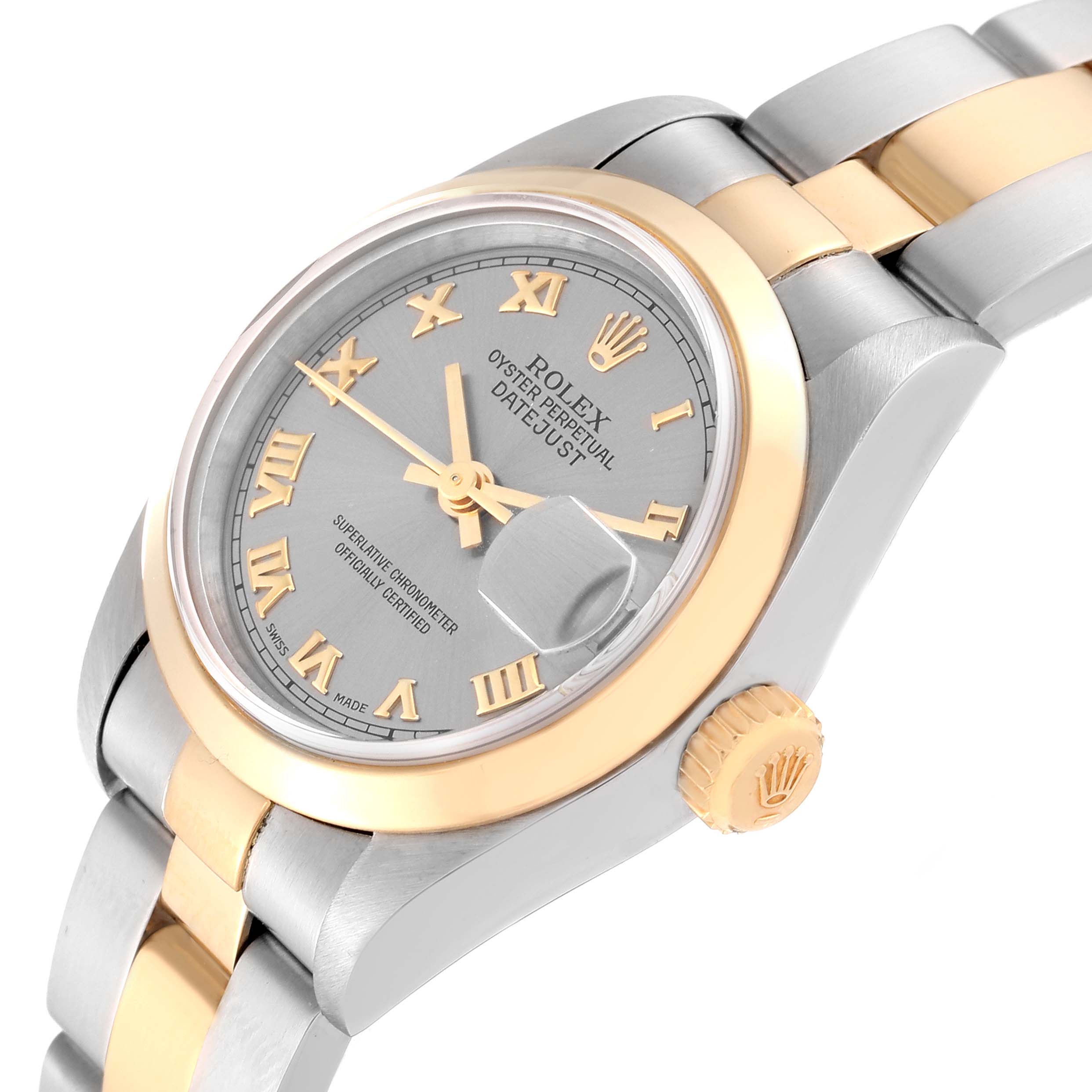 This image shows a close-up, angled view of the Rolex Datejust 69163 Women's Steel and Gold (two tone) Grey Dial 69163 Women's Steel and Gold (two tone) Grey Dial watch emphasizing its dial, bezel, and part of the bracelet.