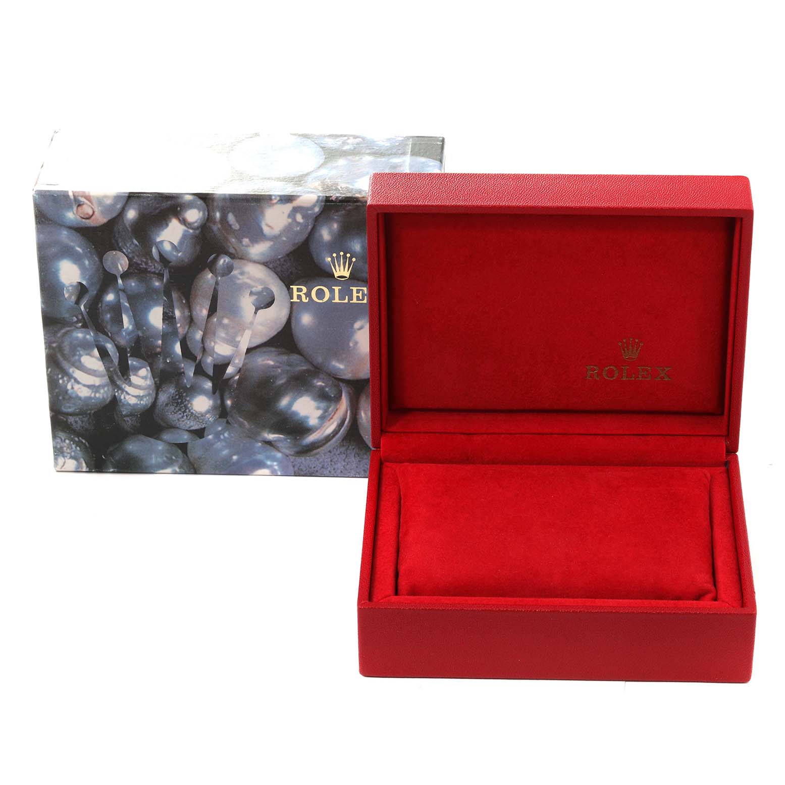 The image shows a red Rolex watch box and outer packaging for the Datejust model.