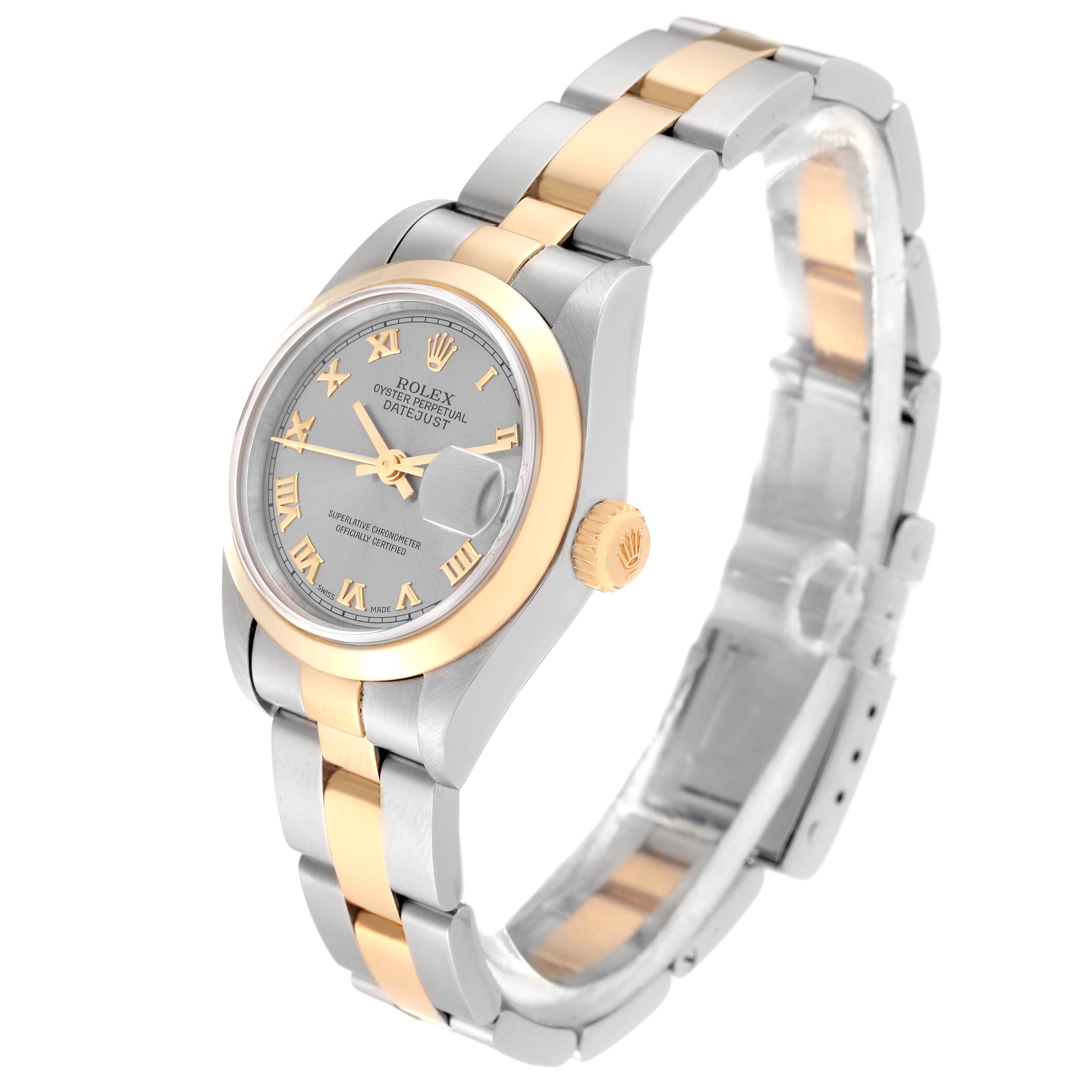 This image shows a side view of the Rolex Datejust 69163 Women's Steel and Gold (two tone) Grey Dial 69163 Women's Steel and Gold (two tone) Grey Dial watch, highlighting its two-tone bracelet, crown, and face with Roman numerals.
