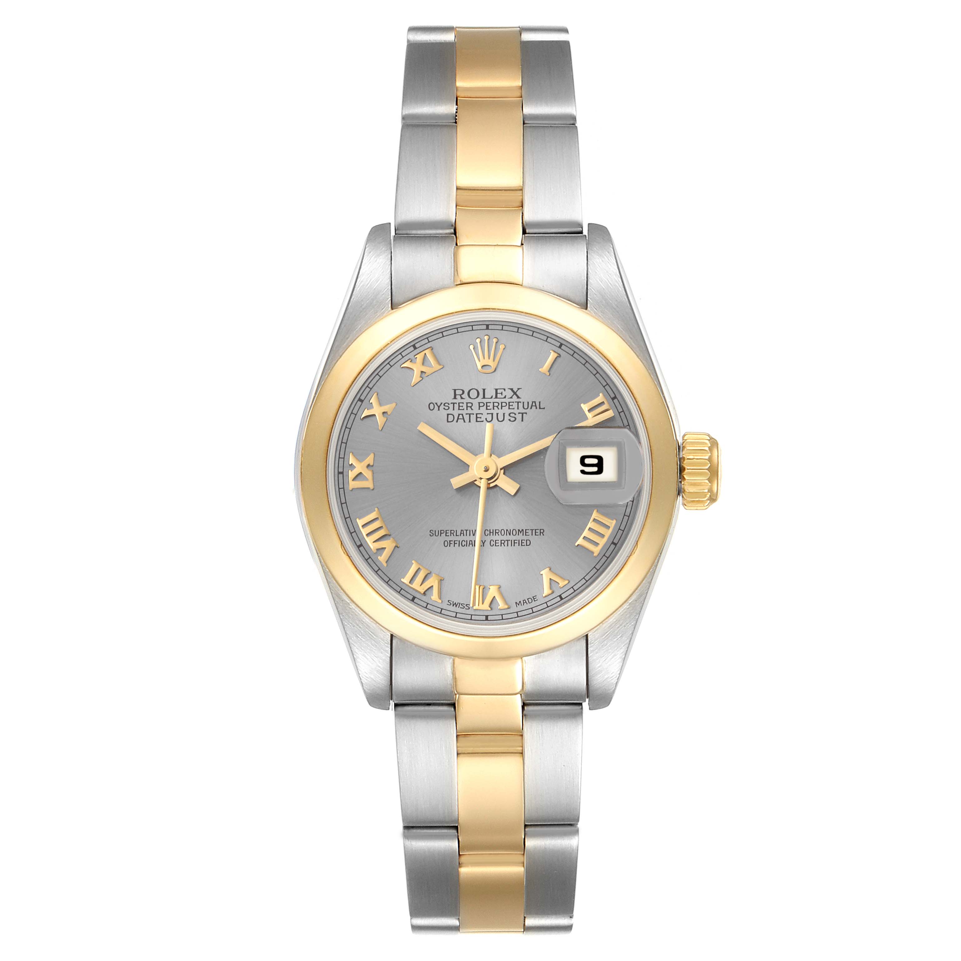 This image shows a front view of a Rolex Datejust 69163 Women's Steel and Gold (two tone) Grey Dial 69163 Women's Steel and Gold (two tone) Grey Dial watch featuring a two-tone bracelet and a date display.