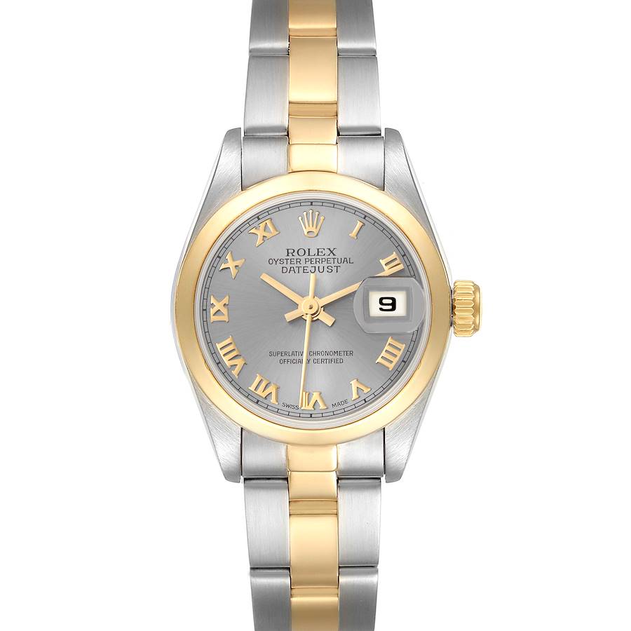 The image shows a front view of a Rolex Datejust watch, displaying the dial, bezel, and bracelet.