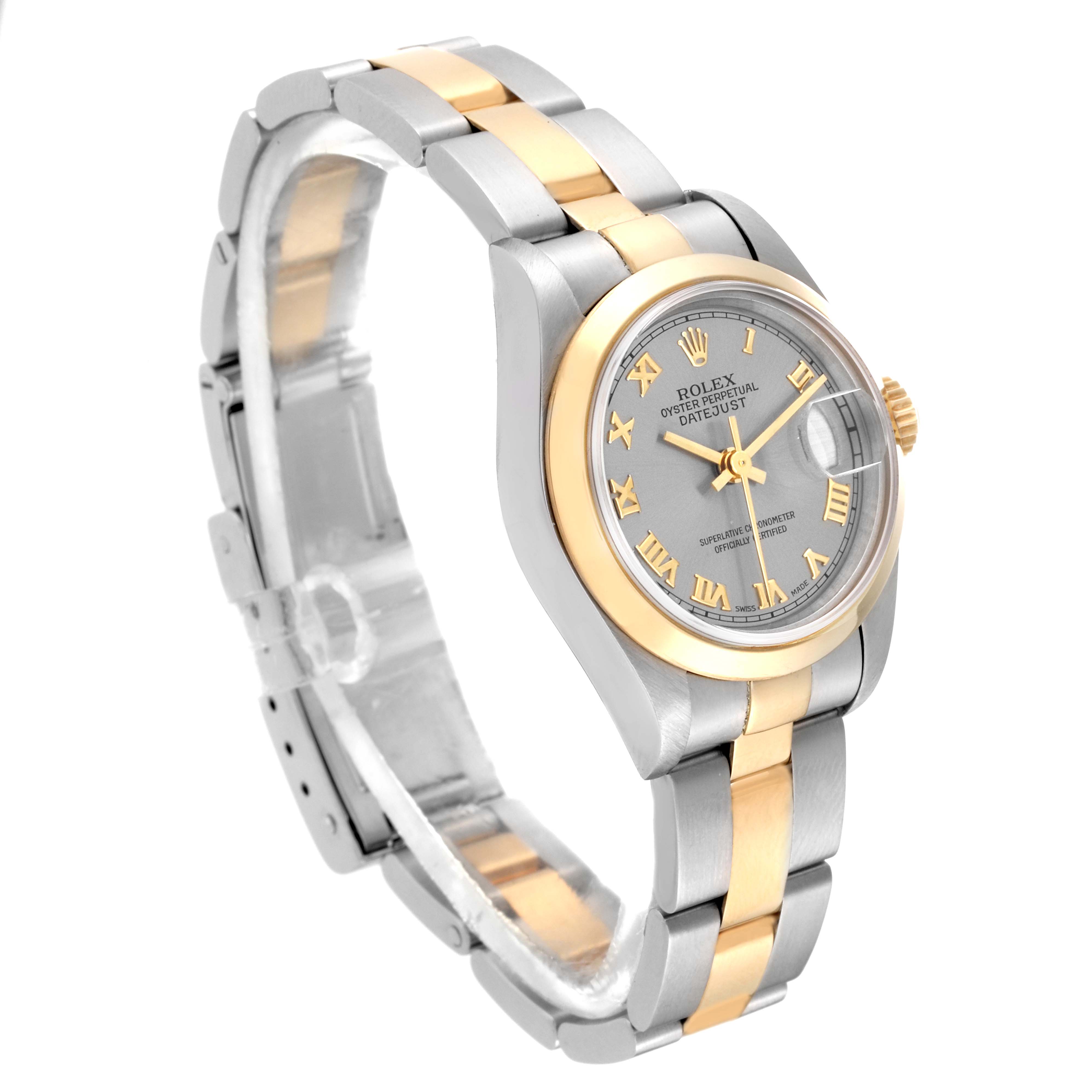 The image shows a Rolex Datejust 69163 Women's Steel and Gold (two tone) Grey Dial 69163 Women's Steel and Gold (two tone) Grey Dial watch from an angled side view, highlighting its two-tone bracelet and grey dial with Roman numerals.