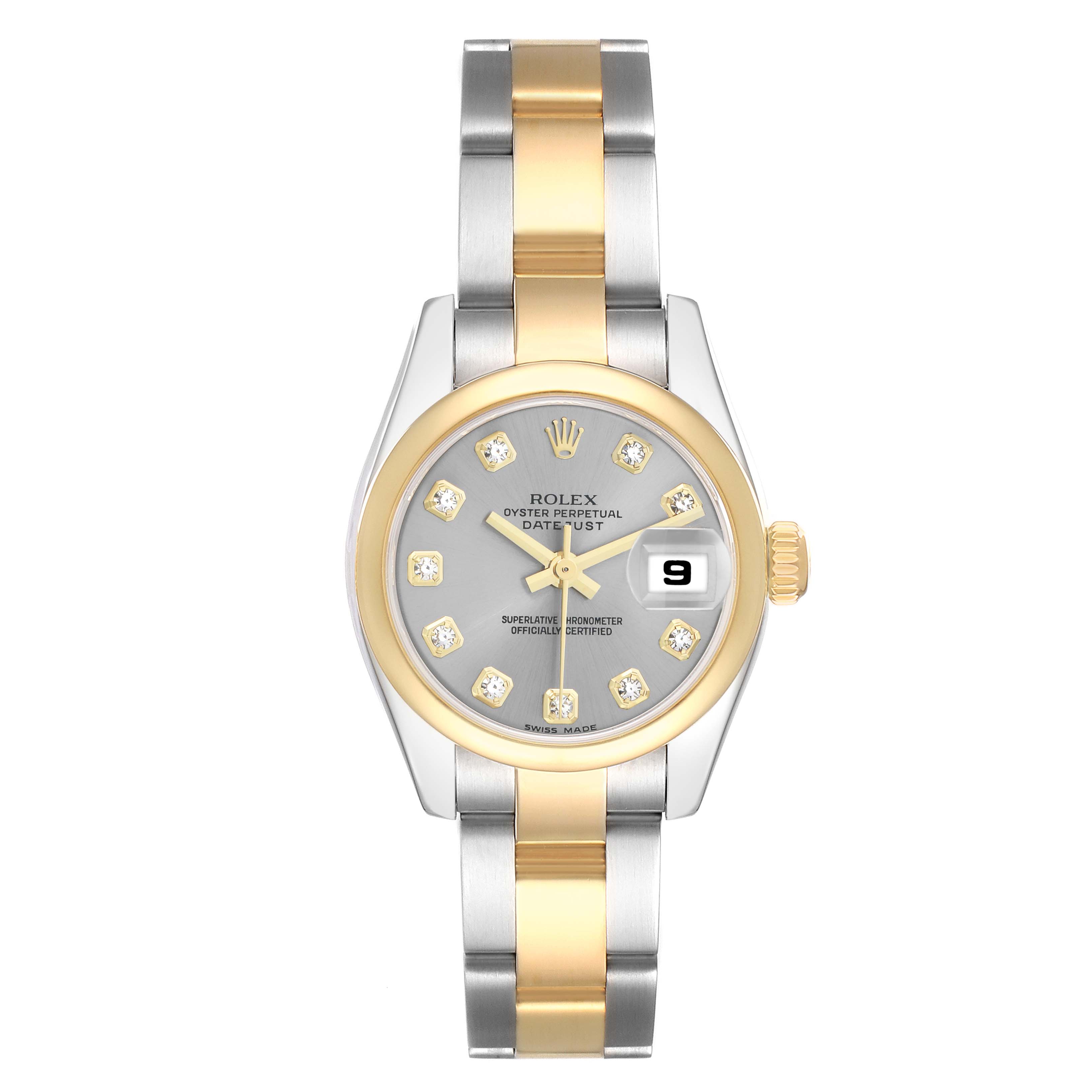 The Rolex Datejust 179163 Women
s Steel and Gold (two tone) Silver Dial watch is shown from a top view, displaying its face, bezel, crown, and two-tone bracelet.