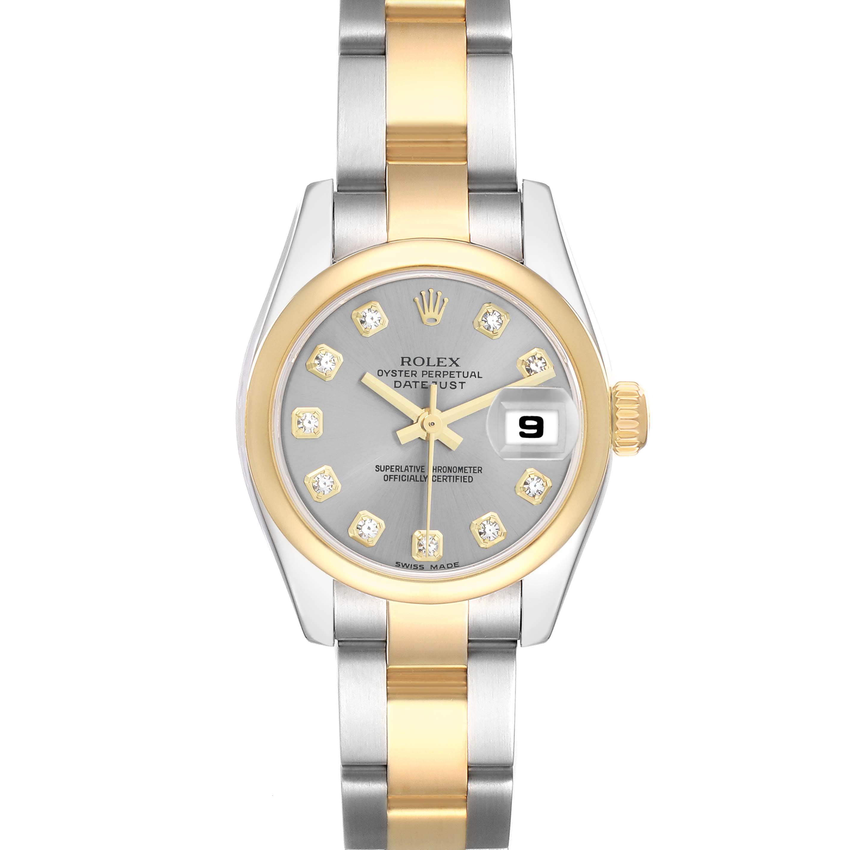This Rolex Datejust 179163 Women
s Steel and Gold (two tone) Silver Dial watch is shown from a top-down angle, displaying the dial, bezel, bracelet, and crown.
