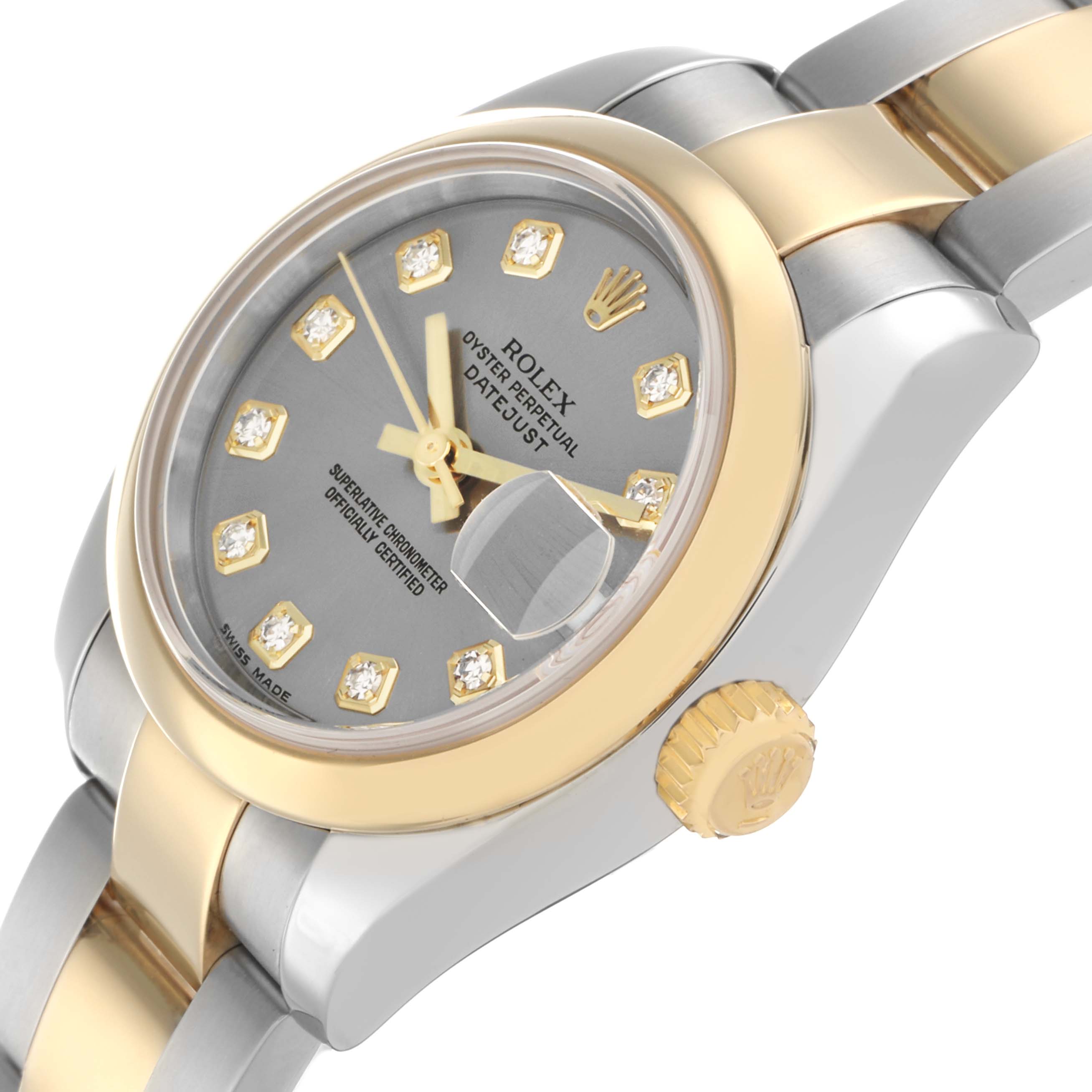 The Rolex Datejust 179163 Women
s Steel and Gold (two tone) Silver Dial watch is shown at an angled close-up, highlighting the face, crown, bezel, and part of the bracelet.