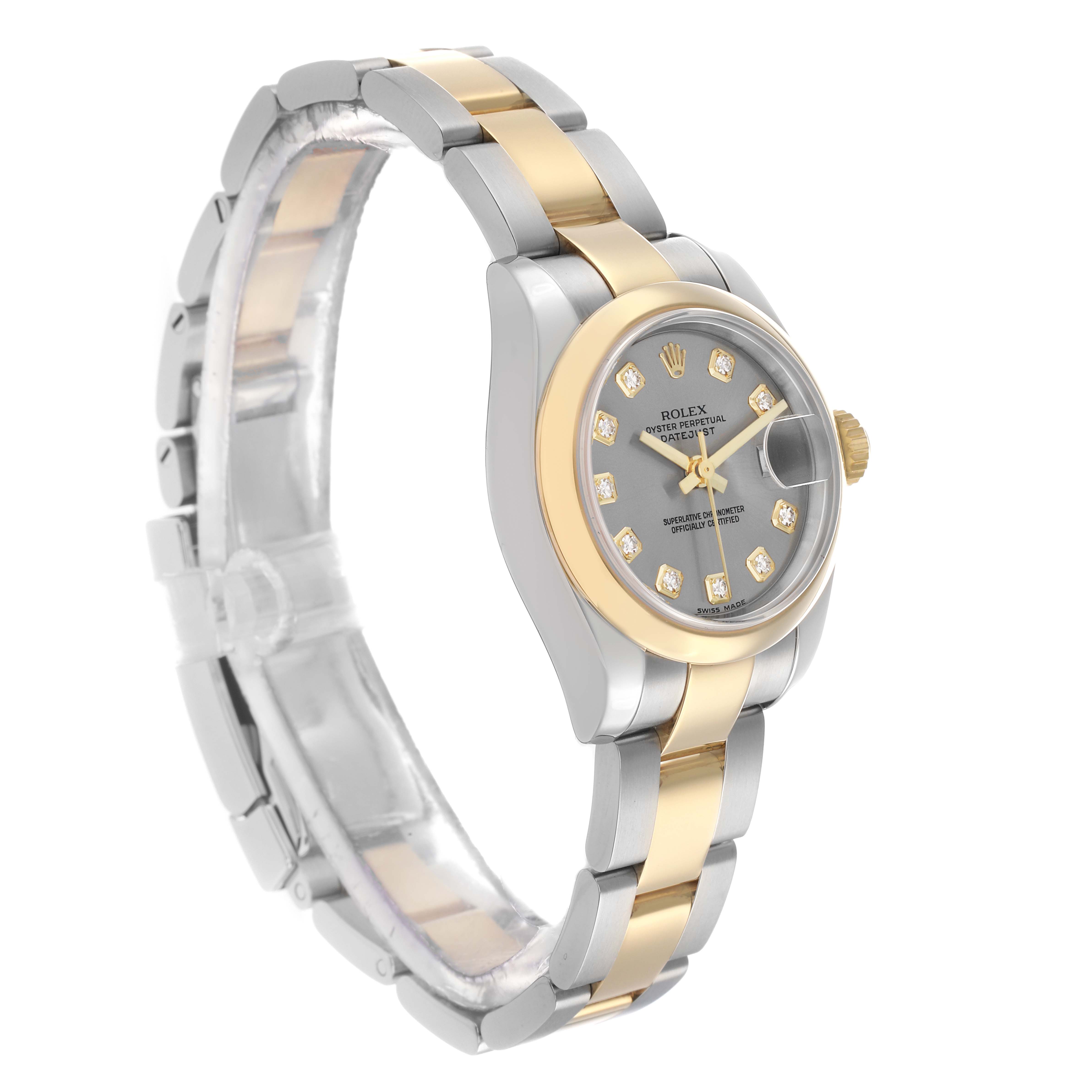 The Rolex Datejust 179163 Women
s Steel and Gold (two tone) Silver Dial watch is shown at a three-quarter angle, displaying its bezel, dial, and bracelet.