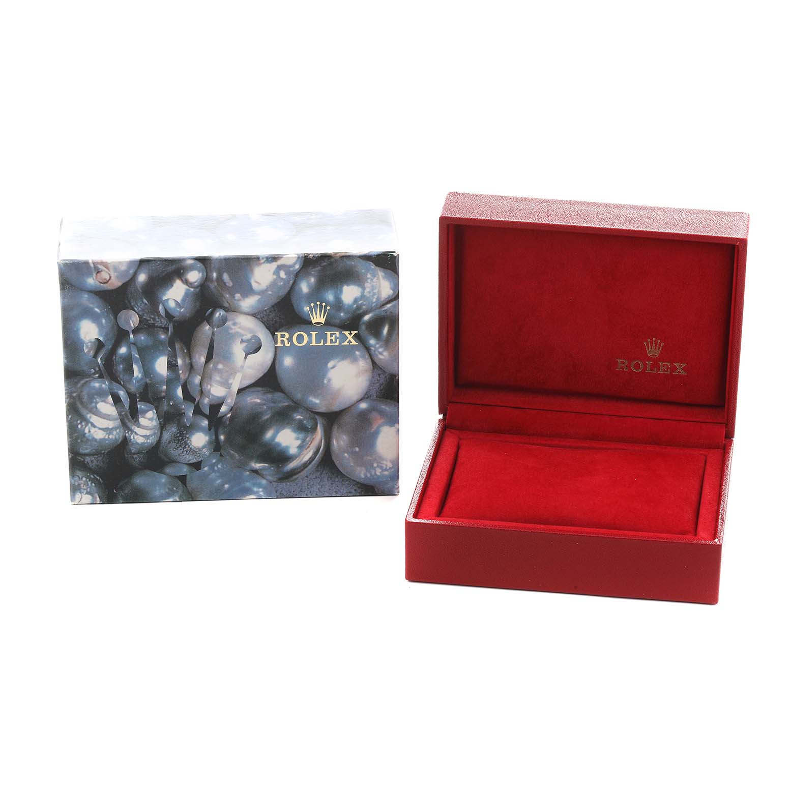 The image shows a Rolex Datejust 179163 Women
s Steel and Gold (two tone) Silver Dial watch box set, including an outer box with a pattern and an open red interior box.