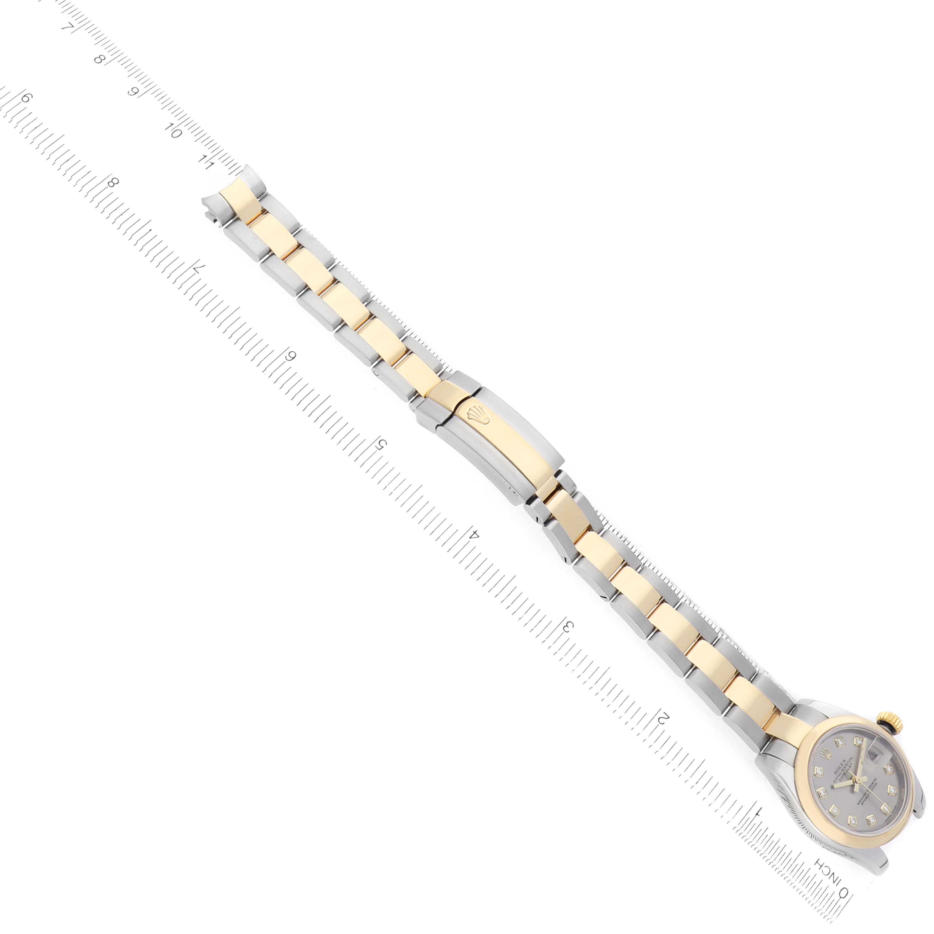 The Rolex Datejust 179163 Women
s Steel and Gold (two tone) Silver Dial watch is shown from a top view, featuring the face and full bracelet with a clasp visible.