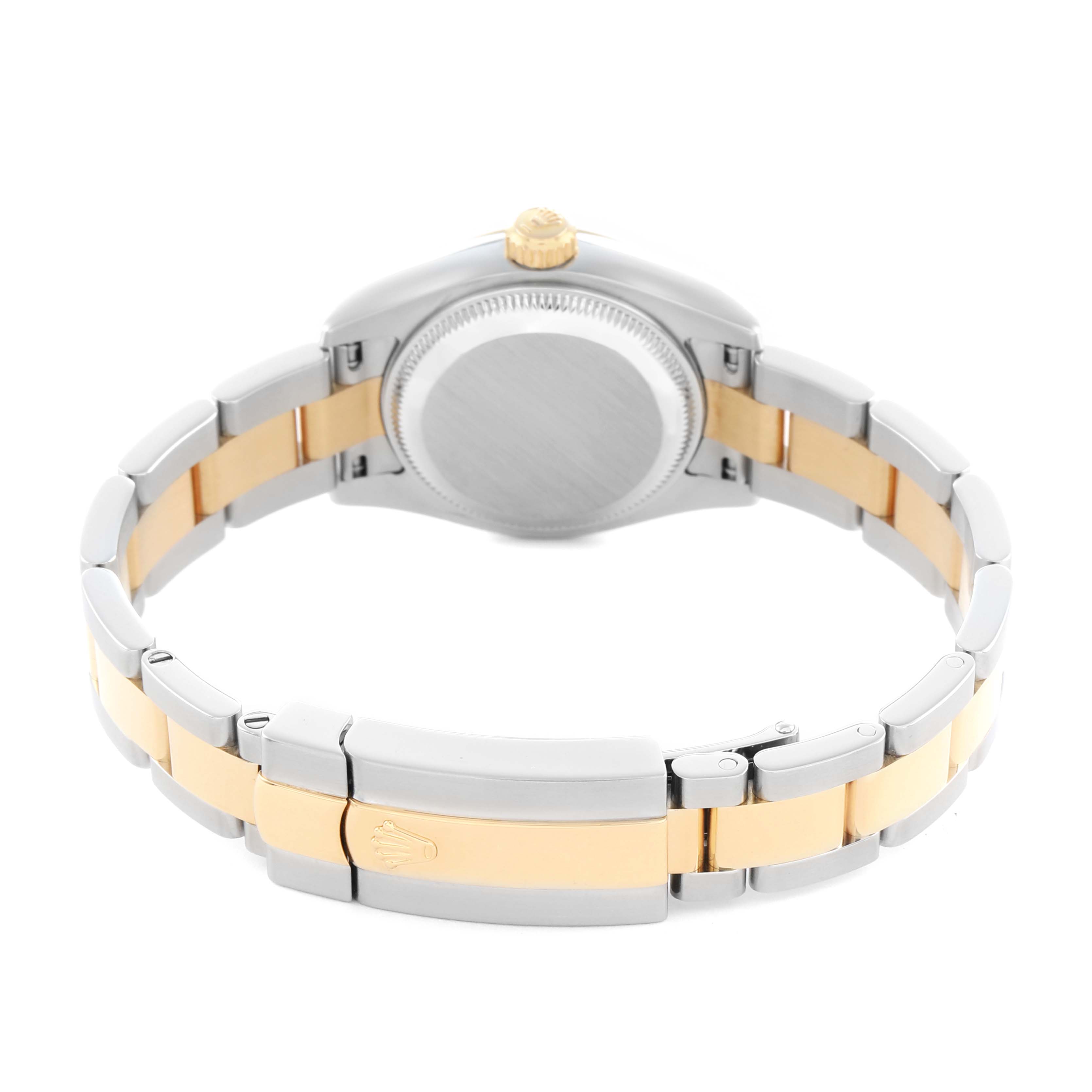 The image shows the back of a Rolex Datejust 179163 Women
s Steel and Gold (two tone) Silver Dial, highlighting its two-tone bracelet and clasp.